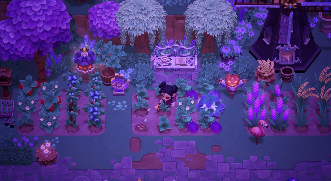 Eine Cartoon-Gartenansicht bei Nacht mit lila Bäumen, Beeren und einem Kürbis-Vogelscheuche.