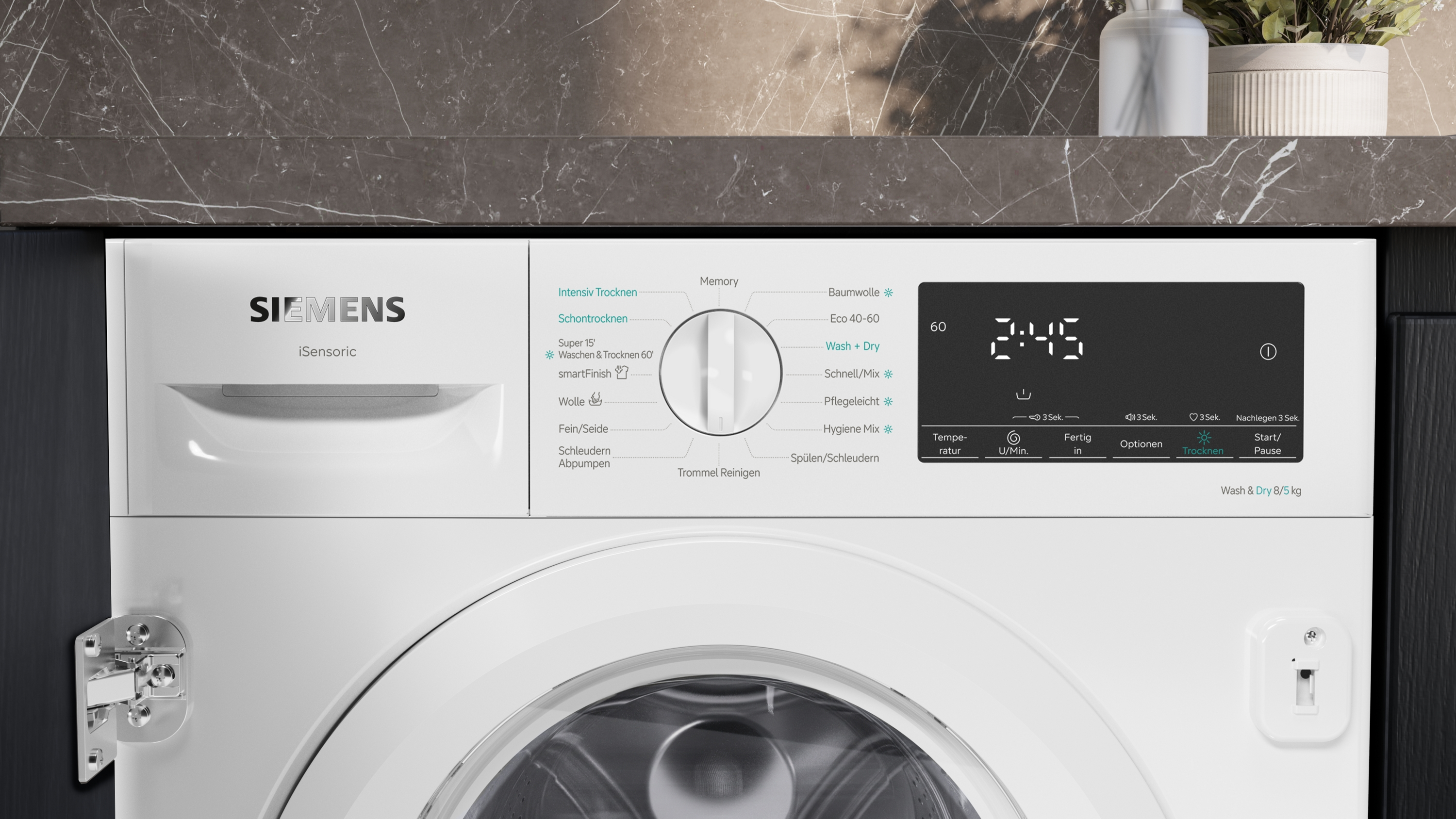 Siemens Waschmaschine mit digitalem Display und Programmauswahl. Zeit: 2:45.