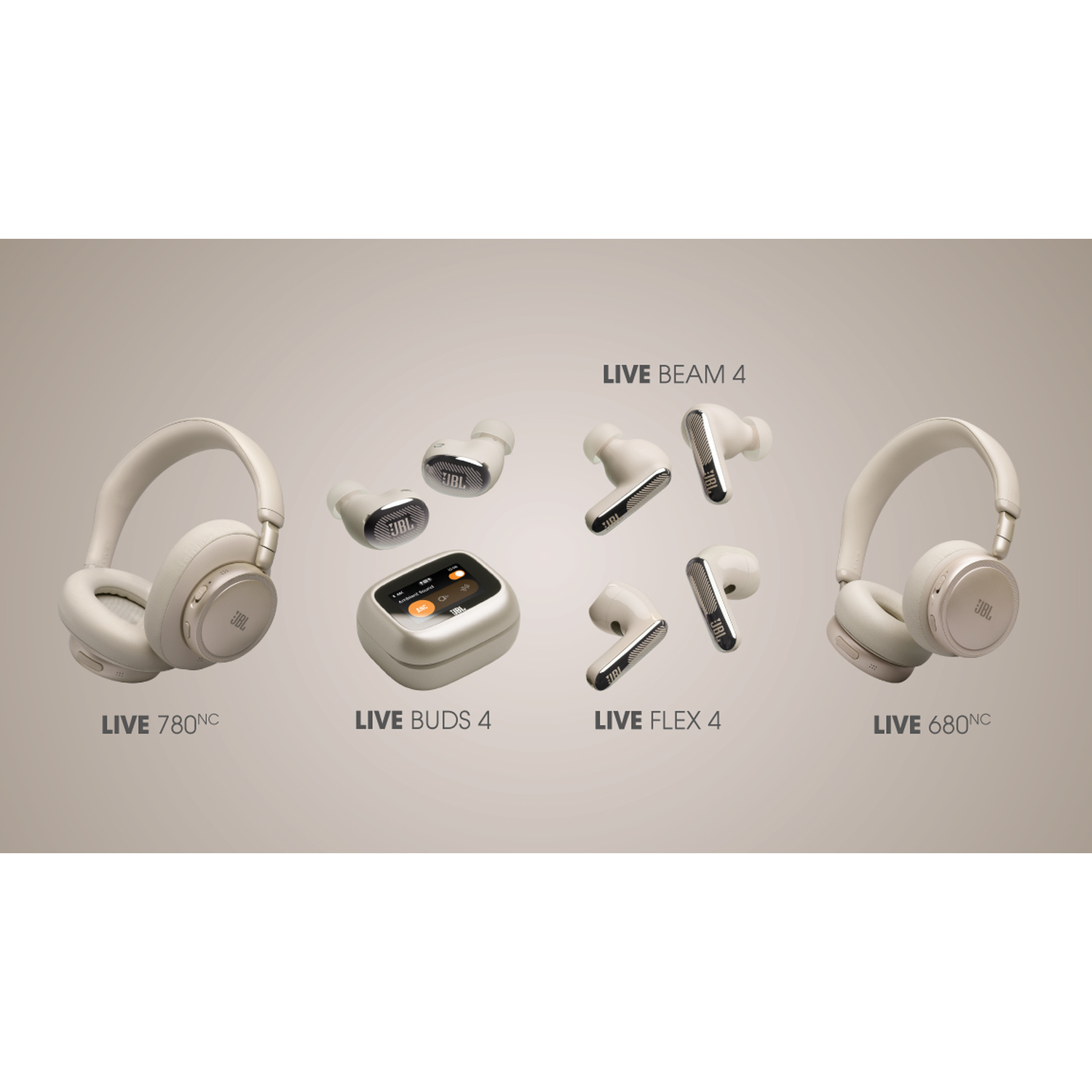 Four JBL headphone models: two over-ear, one charging case, and four earbuds.