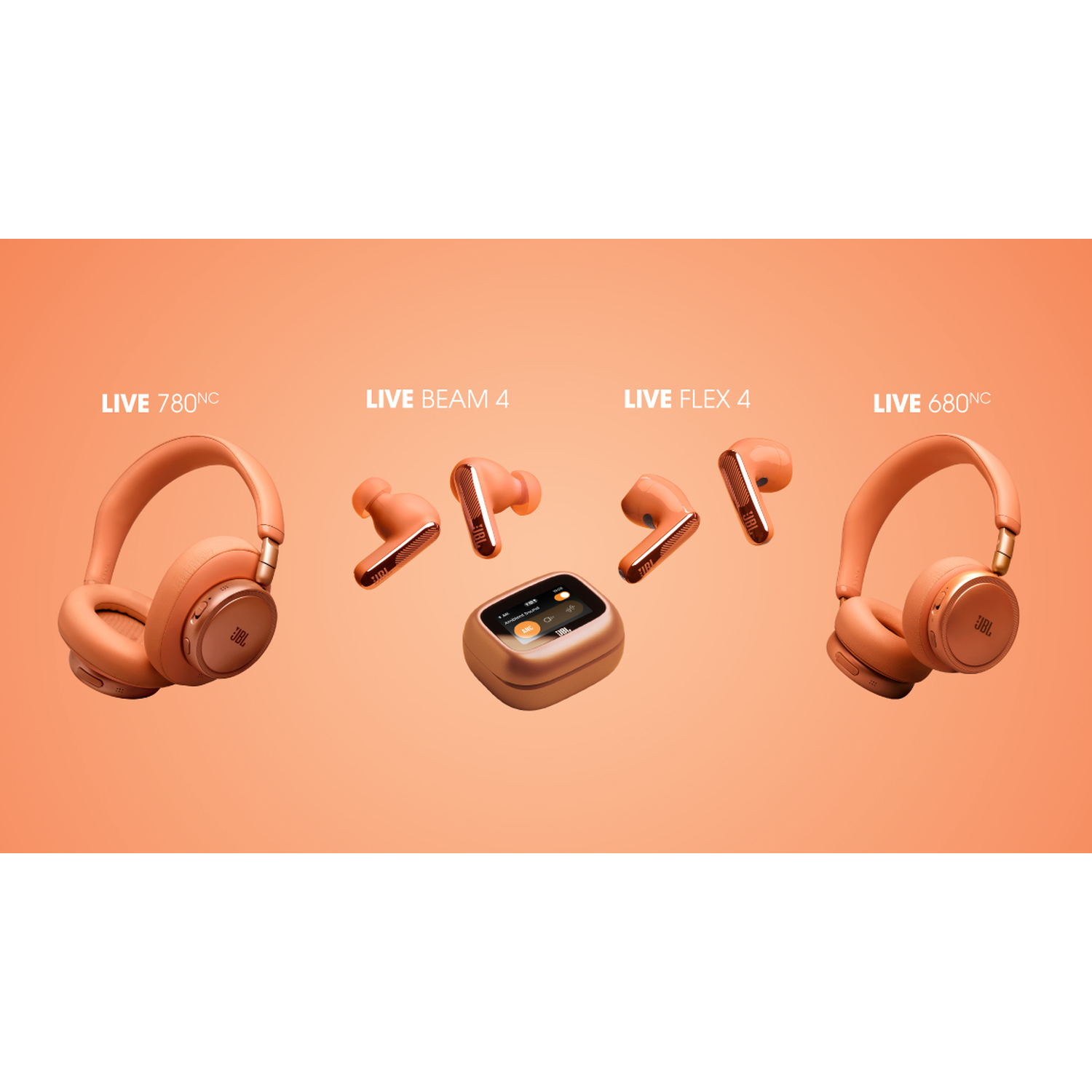 JBL headphones and earbuds in peach tones on a coral background.