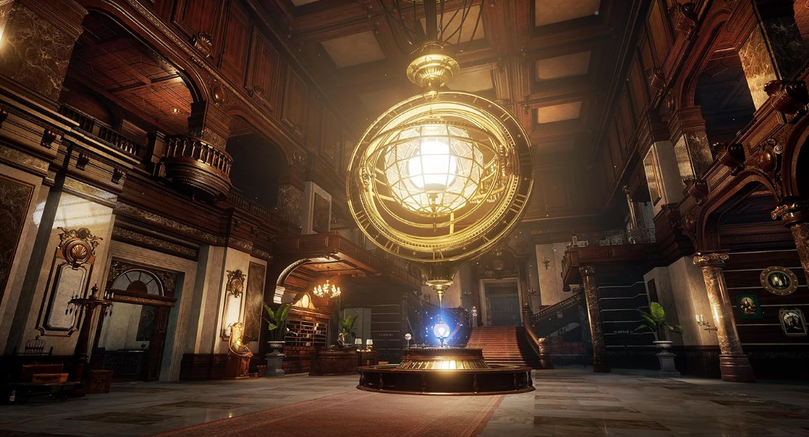 Ein prunkvoller Raum mit einer großen goldenen Armillarsphäre, die von der Decke hängt.