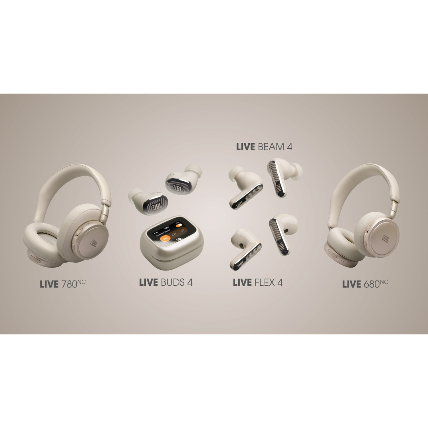 Casques et écouteurs JBL beiges, sur fond neutre.
