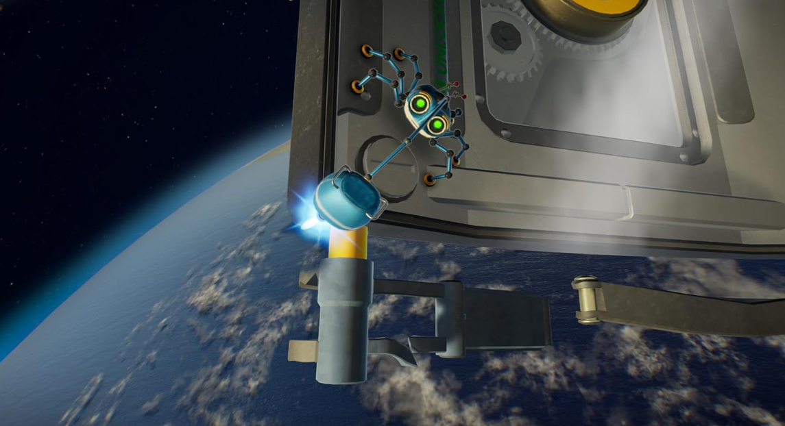Ein kleiner Roboter mit blauen Gliedmaßen klammert sich an eine Weltraumstation über der Erde.