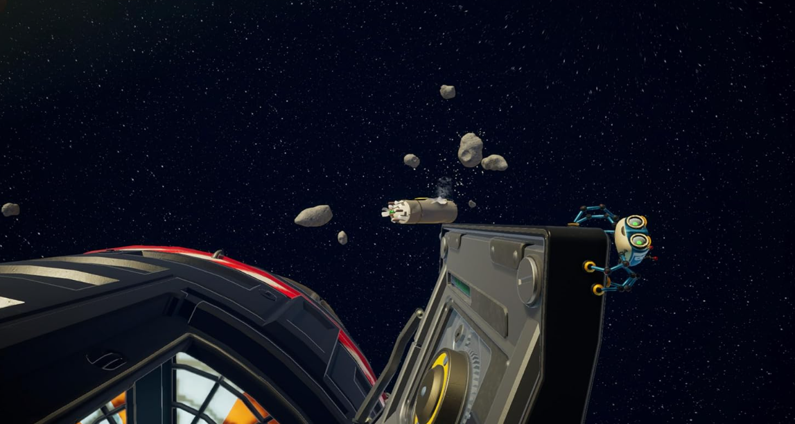 Ein kleiner Roboter klettert auf eine Kiste im Weltraum, Asteroiden treiben vorbei.