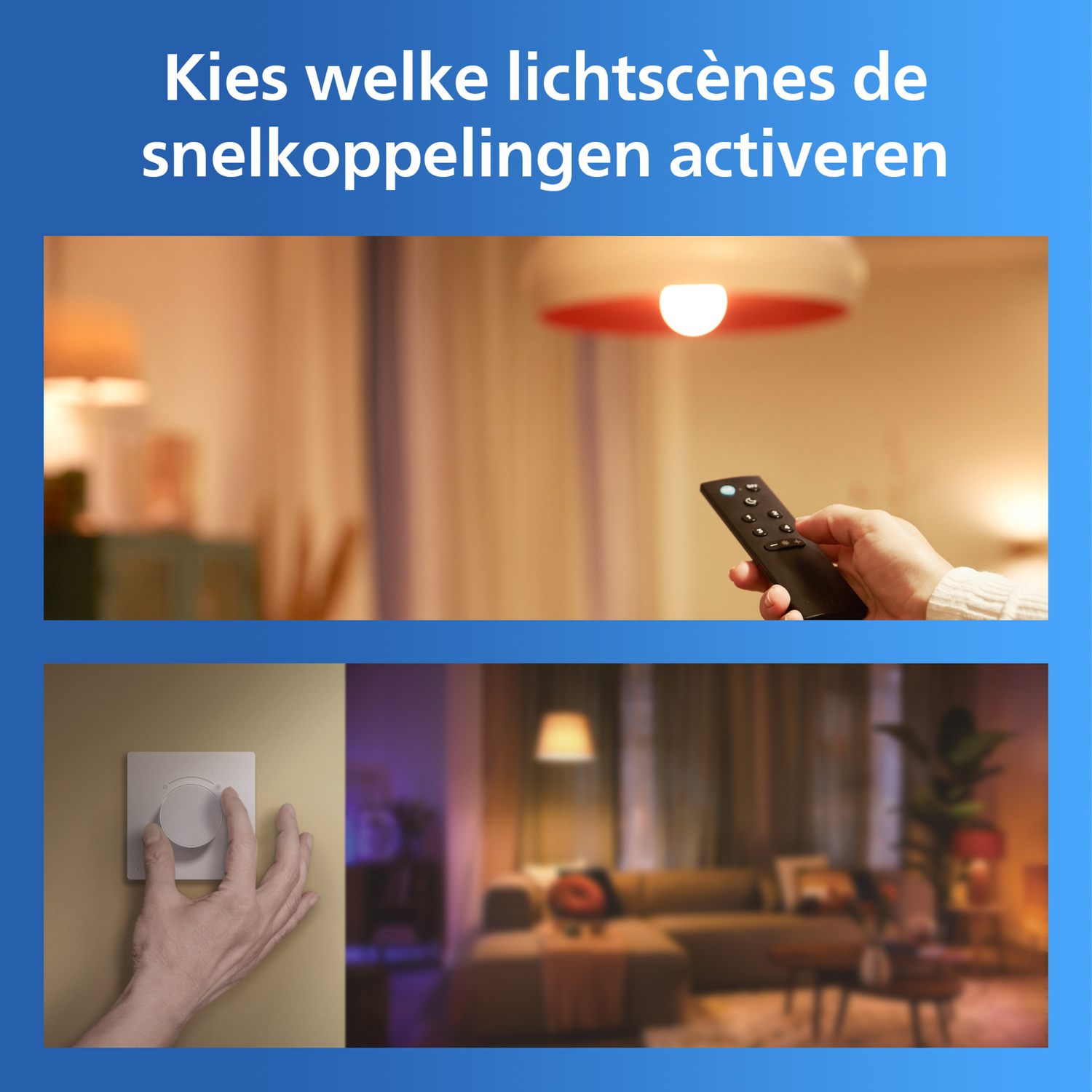 Hand met afstandsbediening en dimmer; woonkamer met gedimd licht.