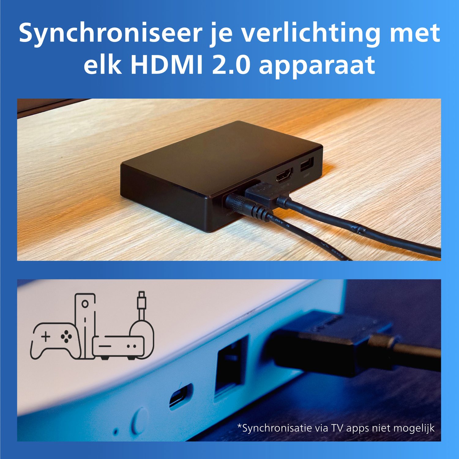 Zwart HDMI-apparaat met kabels op houten tafel. Onder: Iconen gameconsole, controller, HDMI-stick.