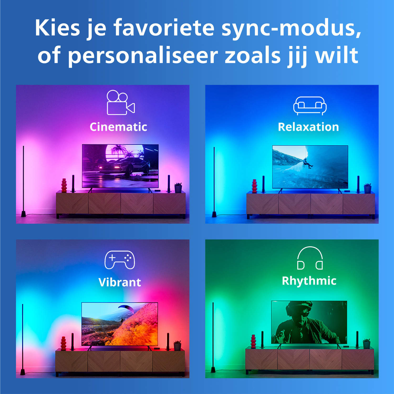 Vier schermen tonen sync-modi: Cinematic, Relaxation, Vibrant, Rhythmic.