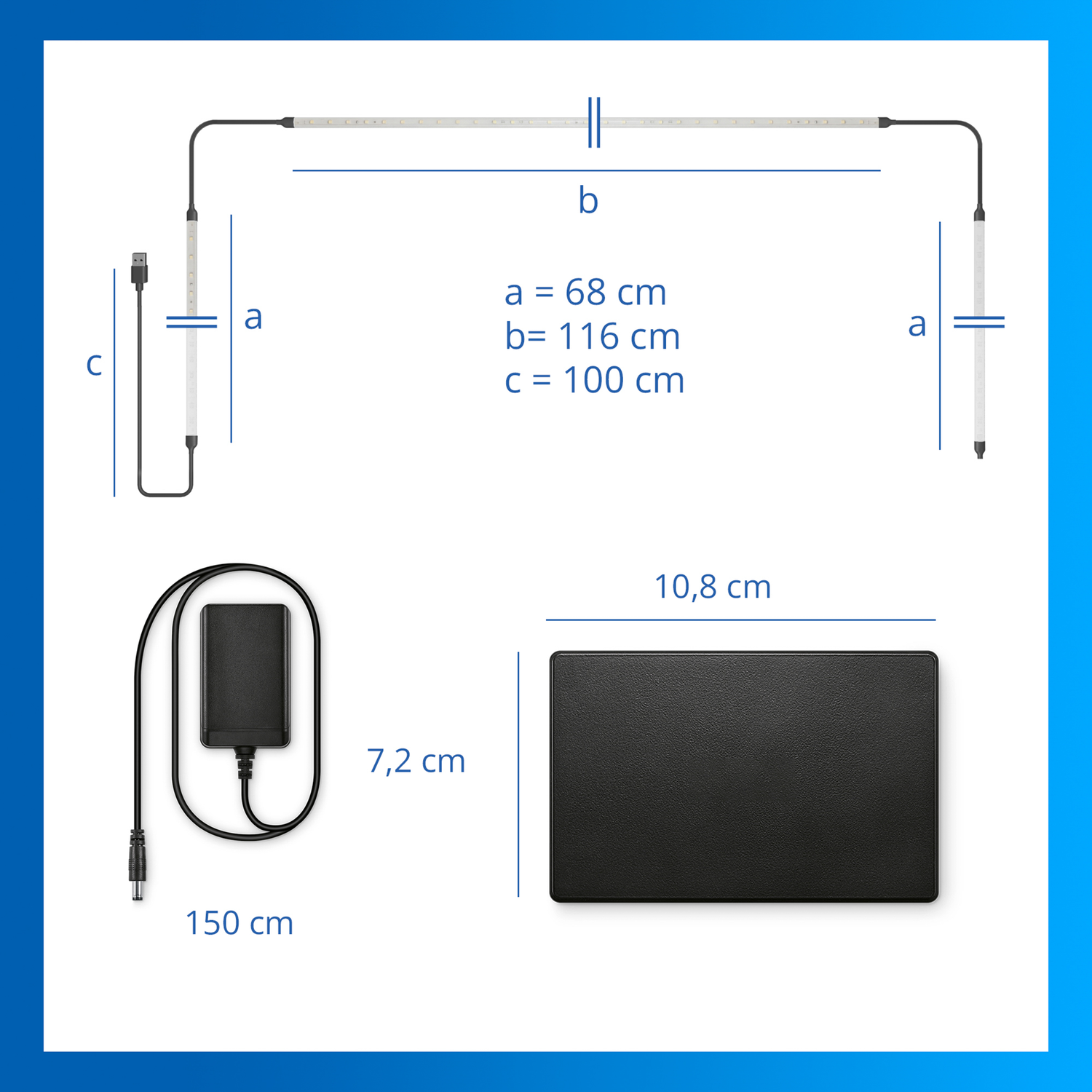 Een stroomadapter, een zwarte rechthoekige mat en twee LED-strips met afmetingen.