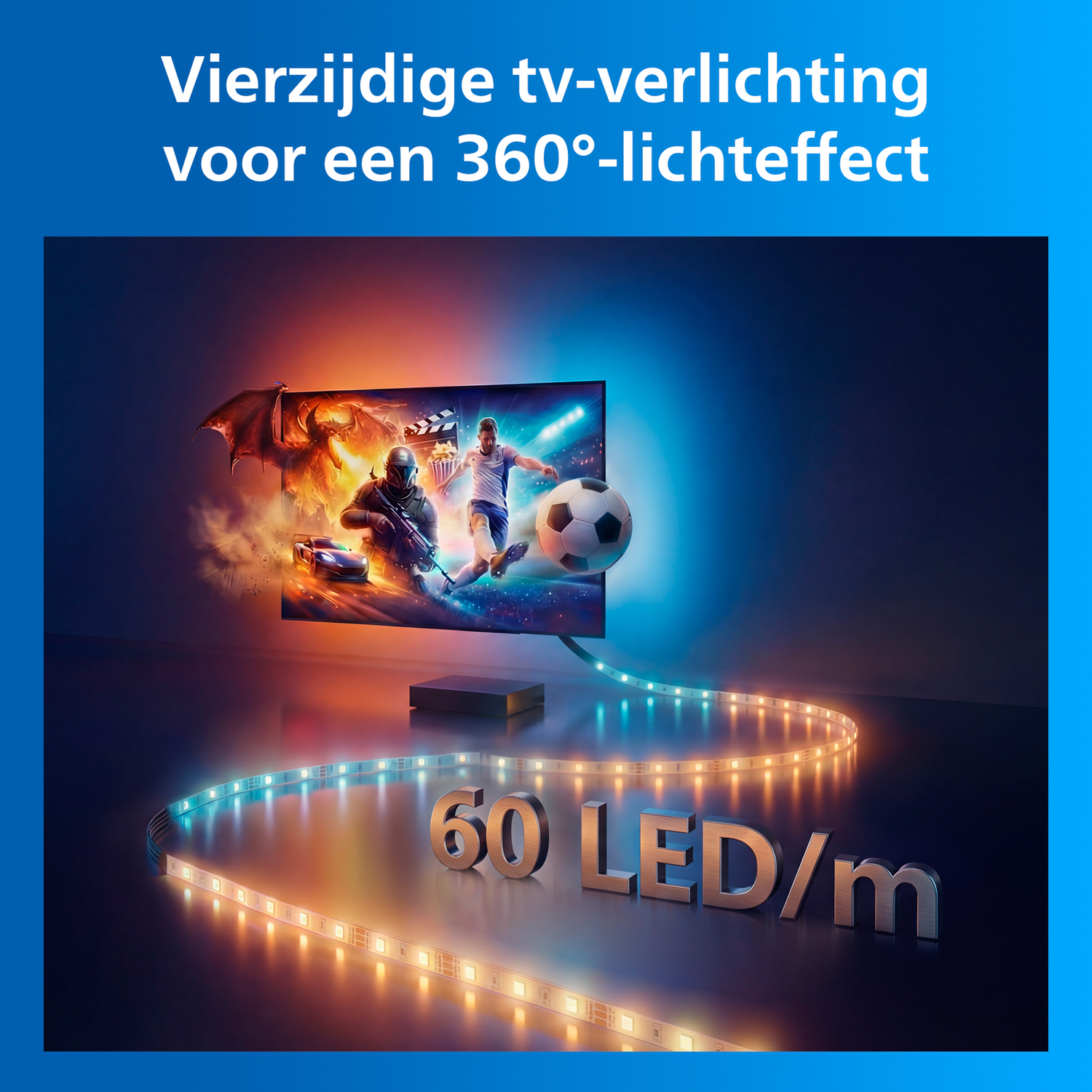 Een tv toont games en voetbal; ledstrips gloeien in warme en koele kleuren.