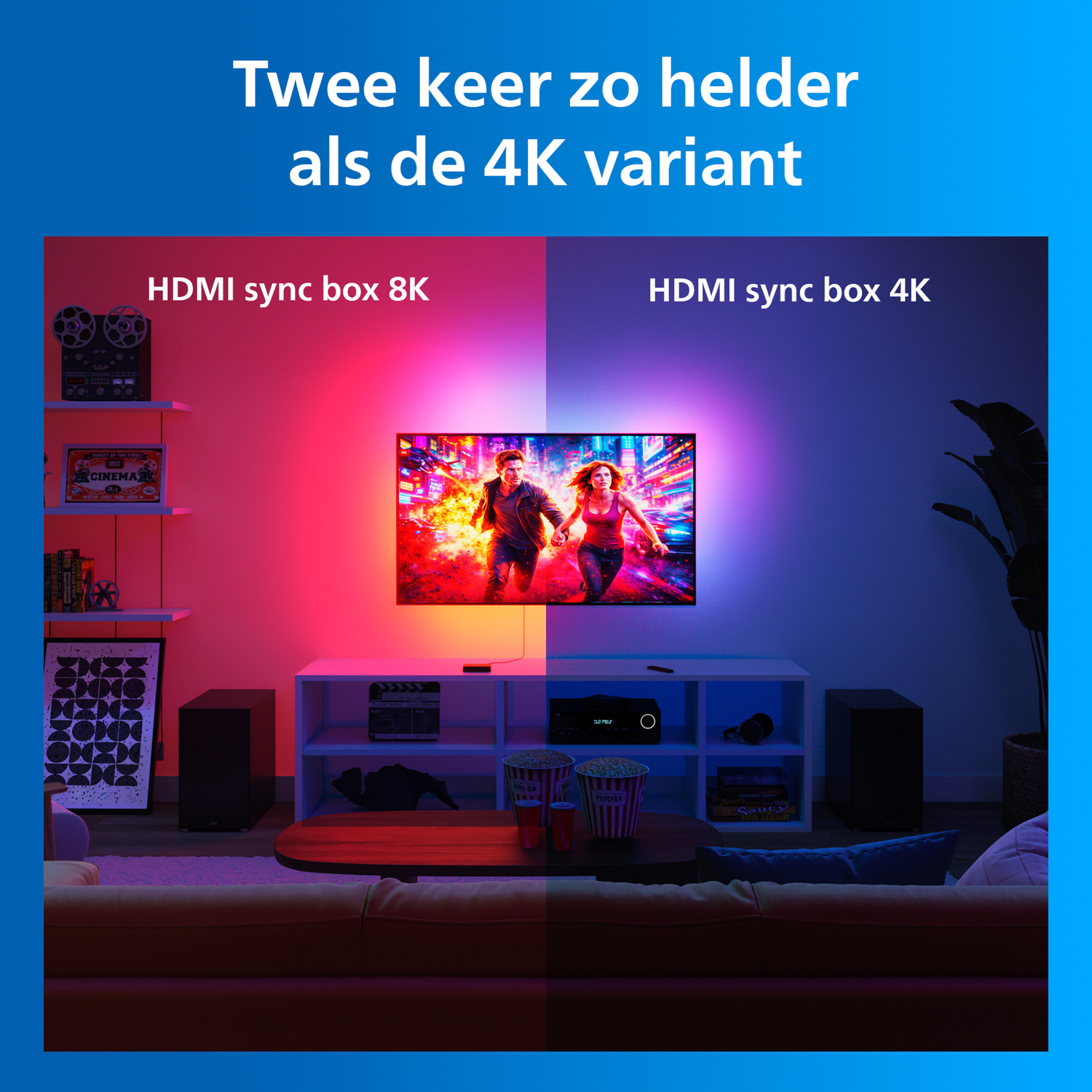 Een woonkamer met een tv die een kleurrijke filmscène toont. Linkerzijde 8K, rechterzijde 4K.