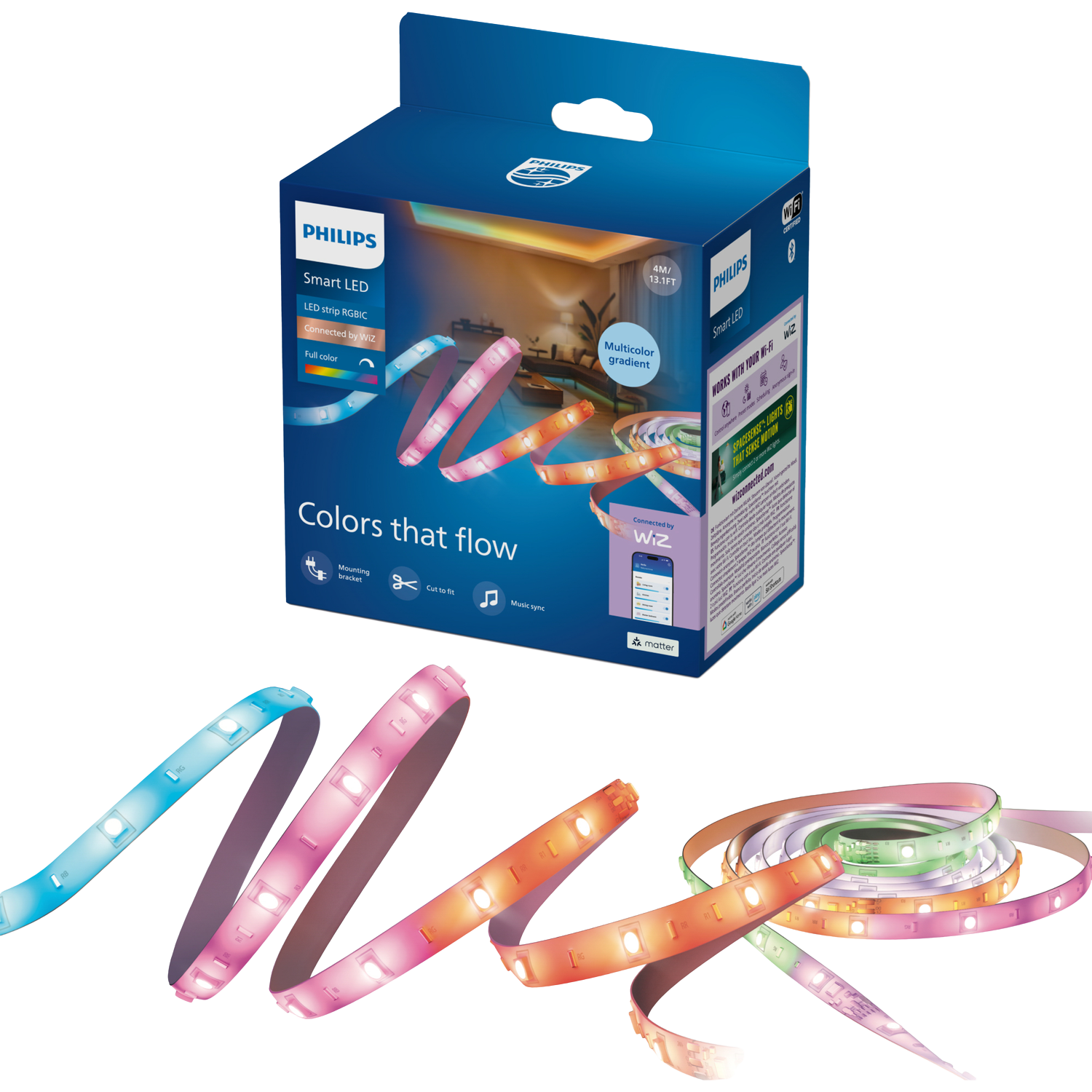 Philips Smart Lighting Smart Lighting - 4m Gekleurd En Instelbaar Wit Licht Muzieksynchronisatie WIZ App Wifi Slimme Ledstrip Wit