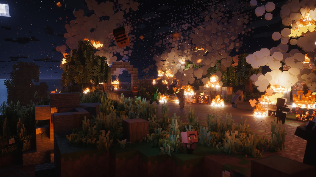 Minecraft-Szene bei Nacht mit brennenden Strukturen, Rauch und Figuren.