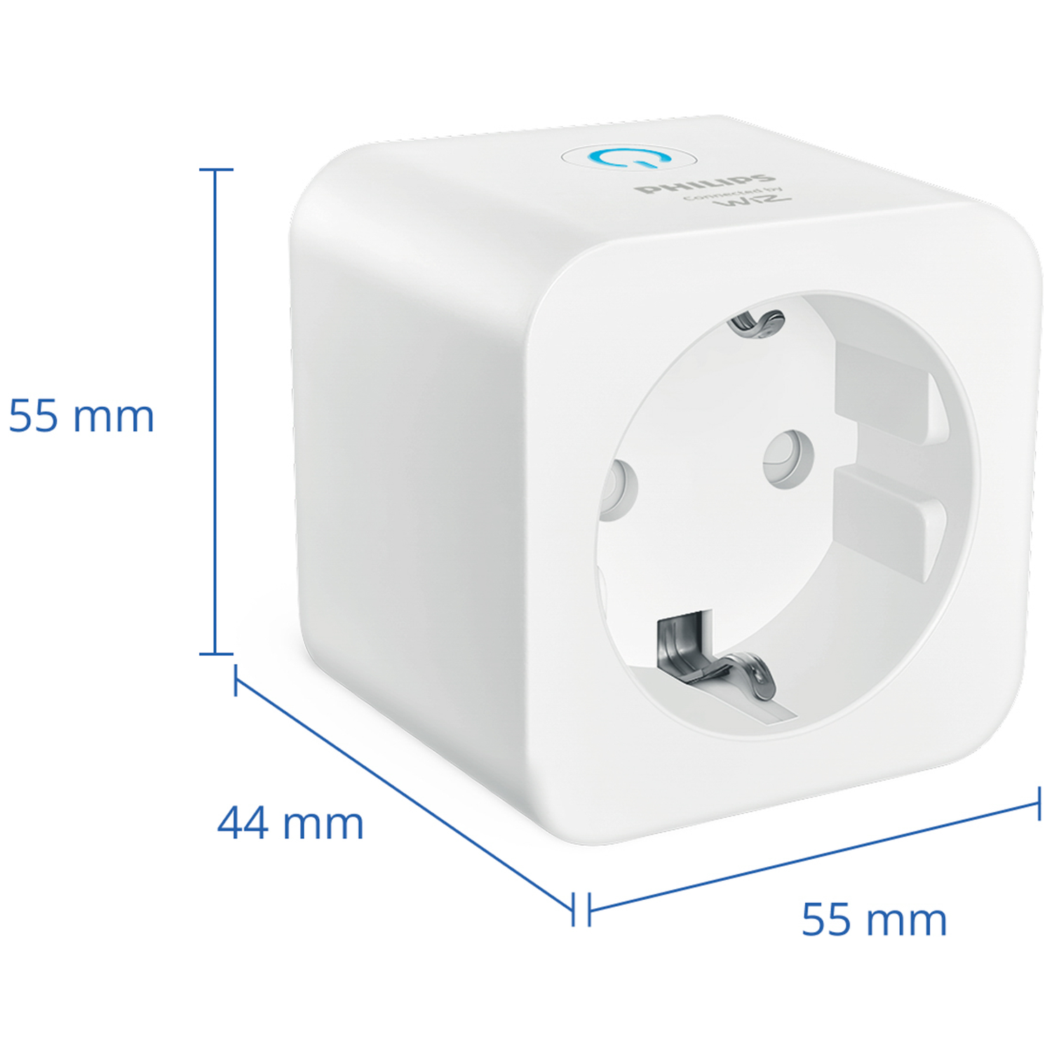 Een witte Philips Smart Plug van 55x44x55mm met een blauw aan/uit-symbool.