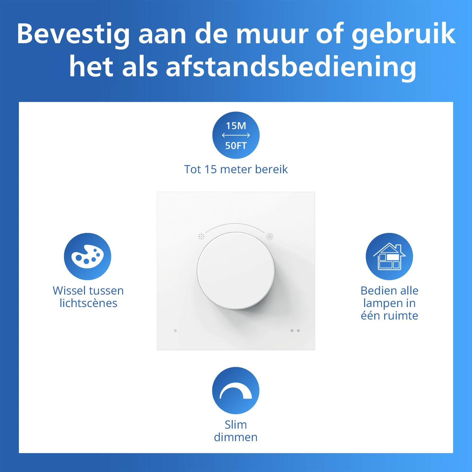 Productafbeelding met tekst over lichtregeling, bereik en functies.