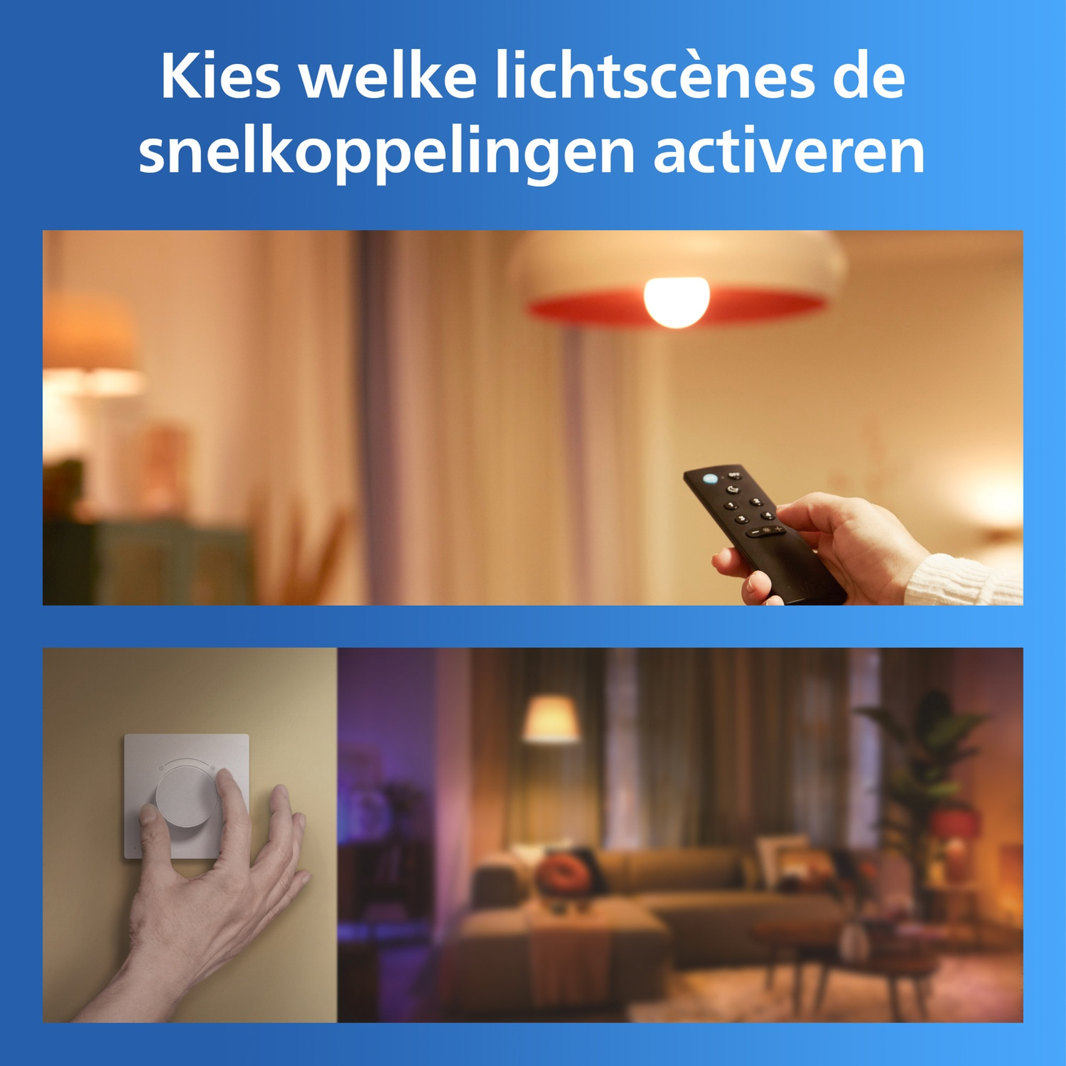 Hand met afstandsbediening, hand bij dimmer, en woonkamer.