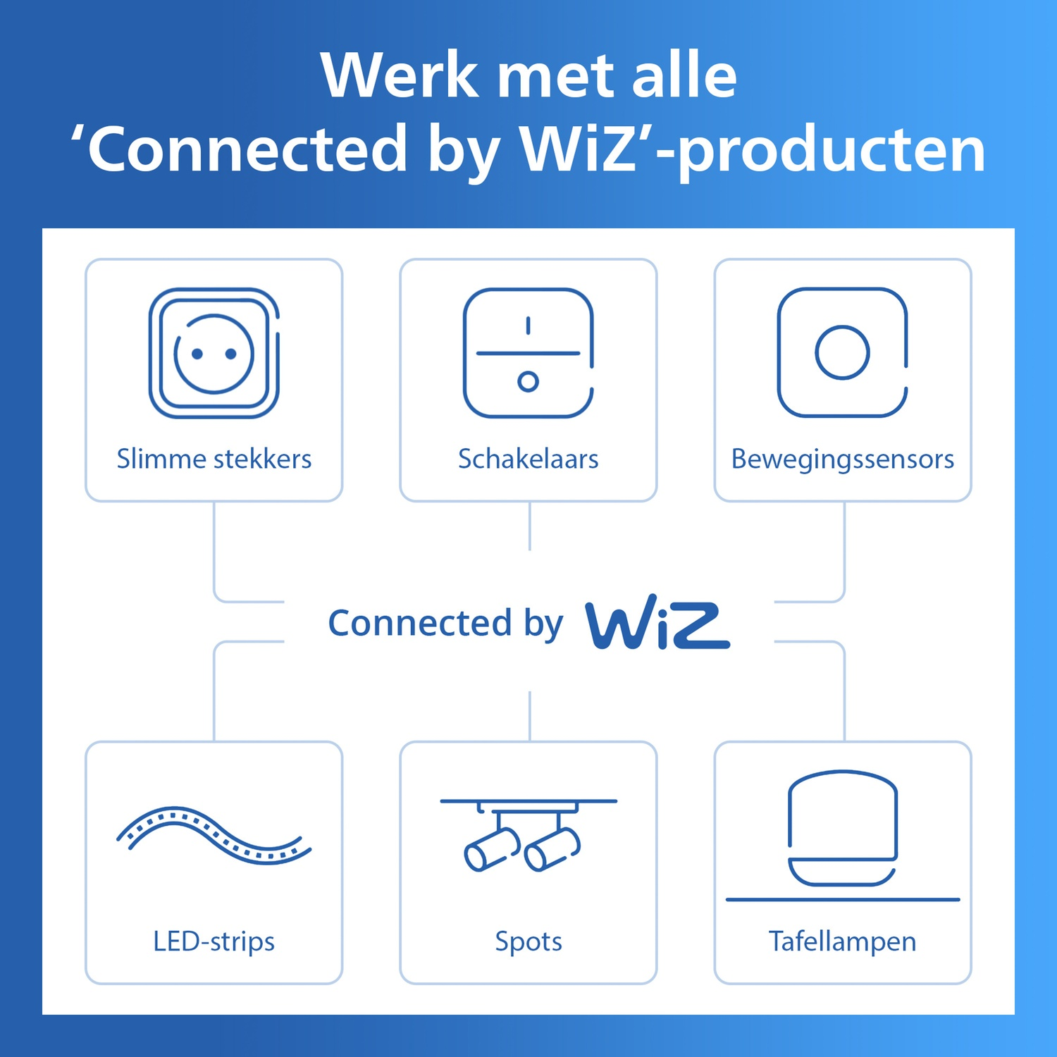 Grafiek toont WiZ-producten: slimme stekker, schakelaars, bewegingssensor, LED-strips, spots, tafellampen.