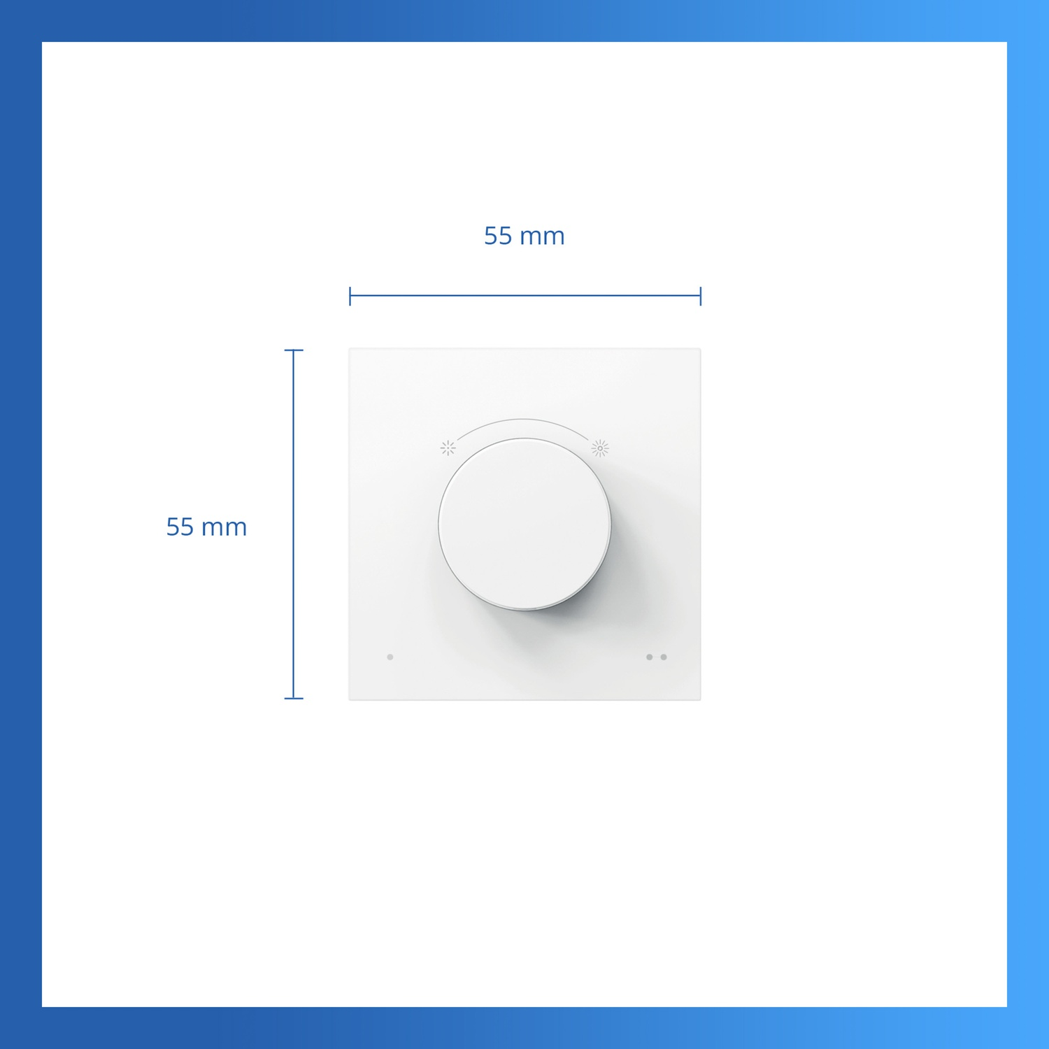 Een witte dimmer van 55mm x 55mm met een ronde knop en twee lampjes.