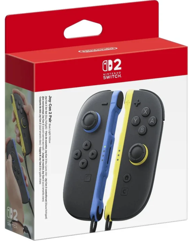 Nintendo Switch Joy-Con Controller Paar in Blau und Gelb auf weißem Karton.