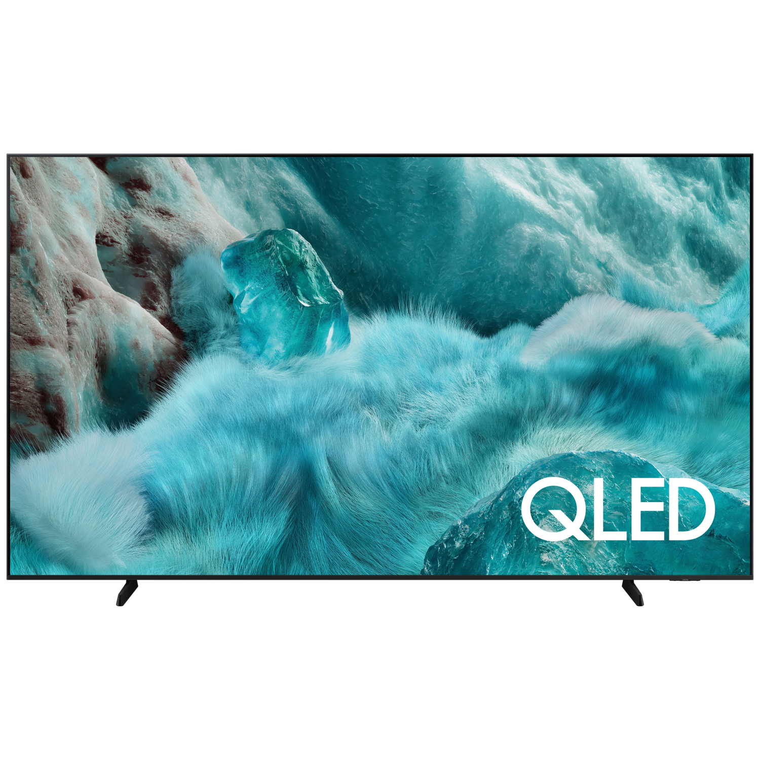 Een Samsung QLED TV met een abstracte blauwe en witte achtergrond.