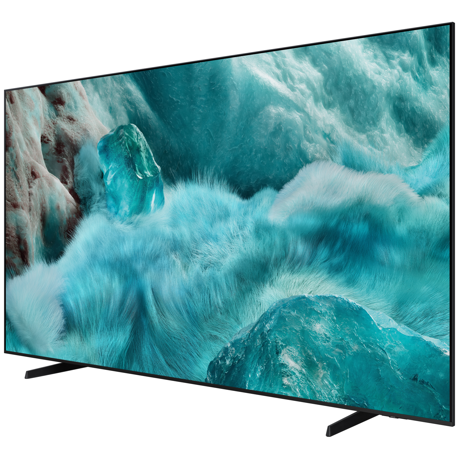 Een moderne televisie met abstracte blauwe en witte scherminhoud.