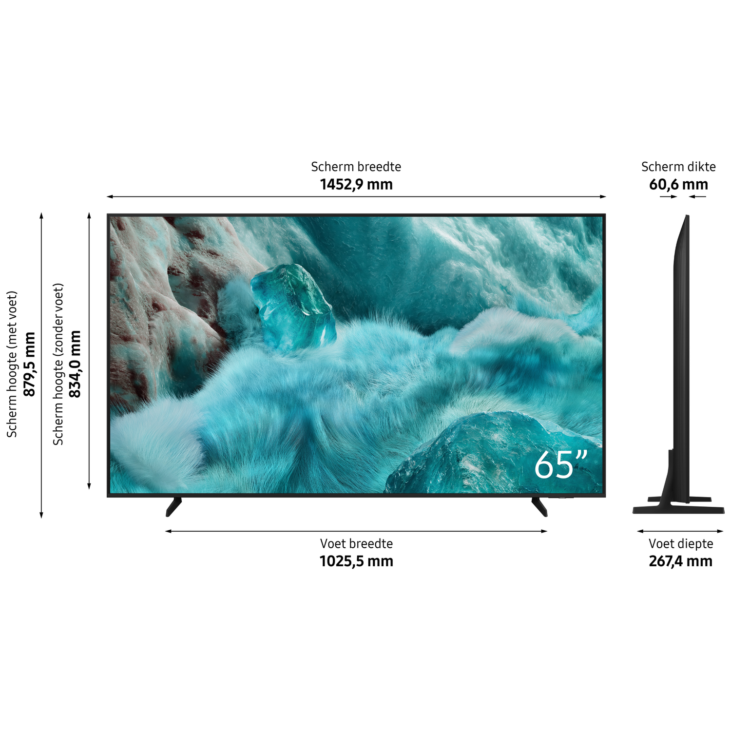 65-inch TV met afmetingen: breedte 1452,9 mm, hoogte (met voet) 879,5 mm.