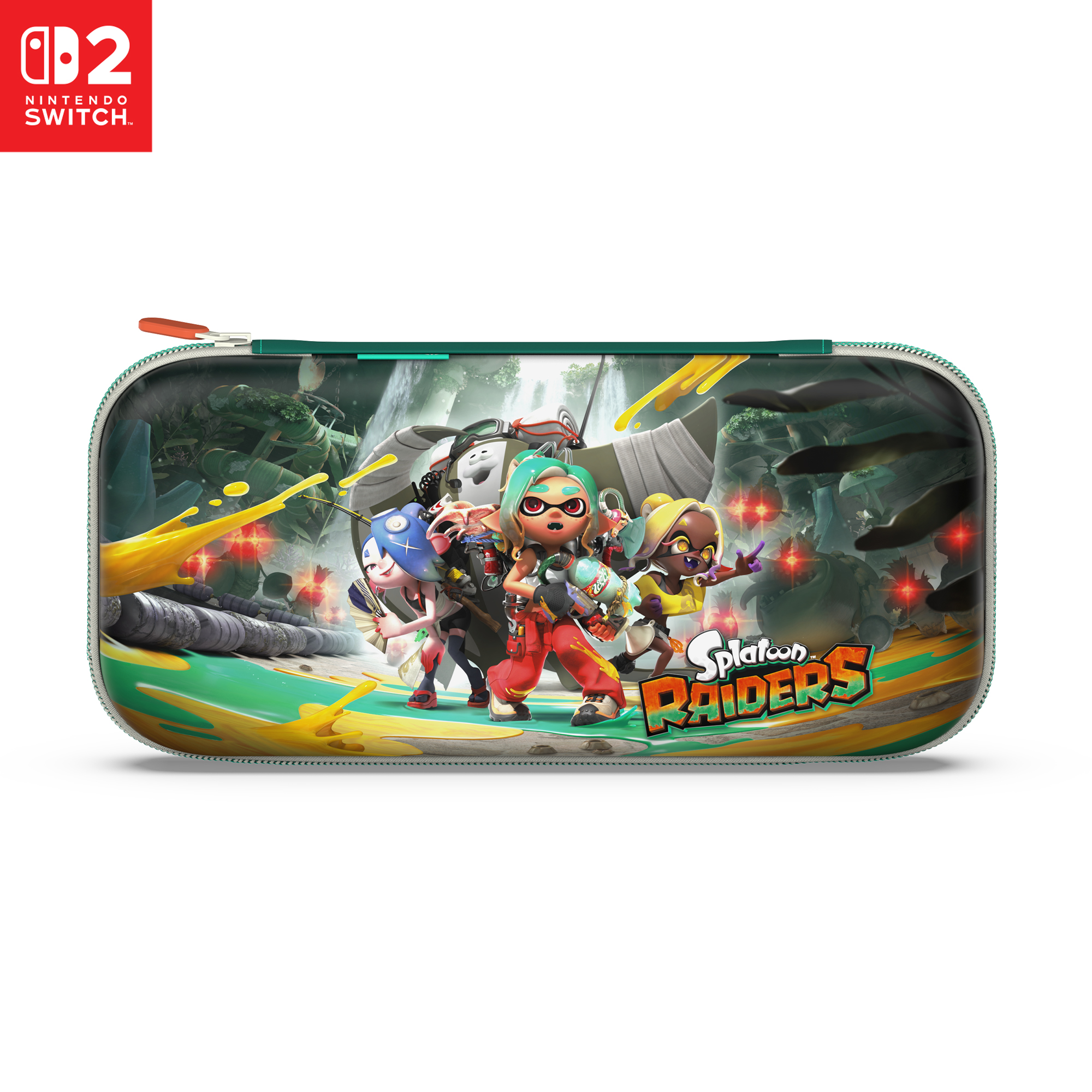Nintendo Switch Tasche mit Splatoon-Motiv und vier Charakteren in actionreicher Pose.