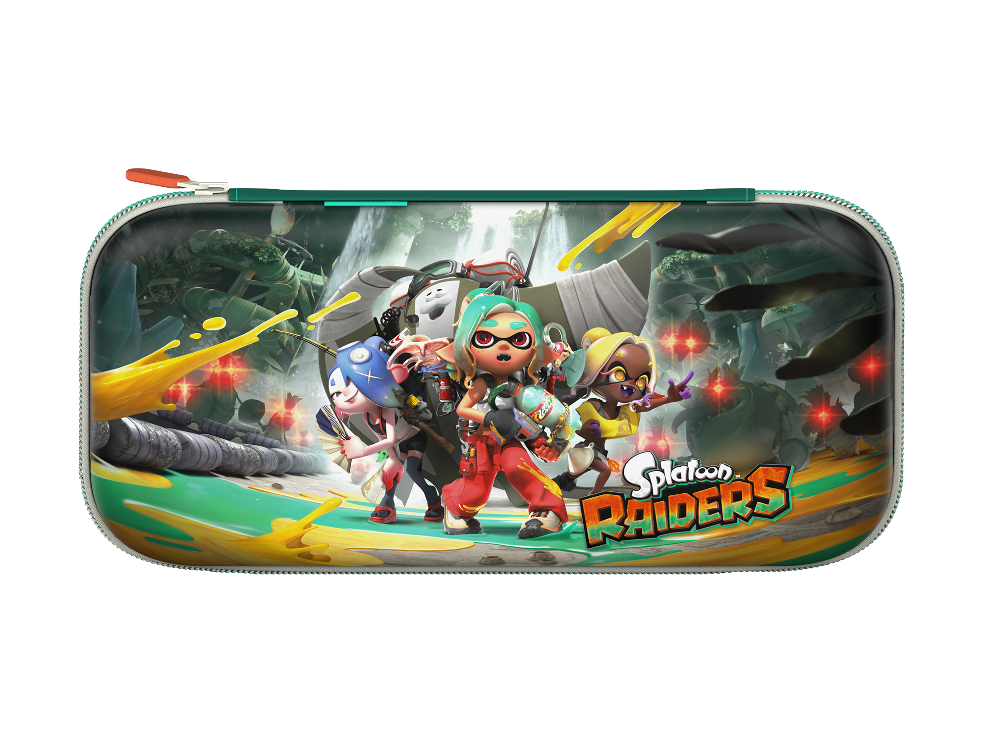 Splatoon Raiders Hülle mit Charakteren. Grüne, gelbe und blaue Tinte. Jungleszene.