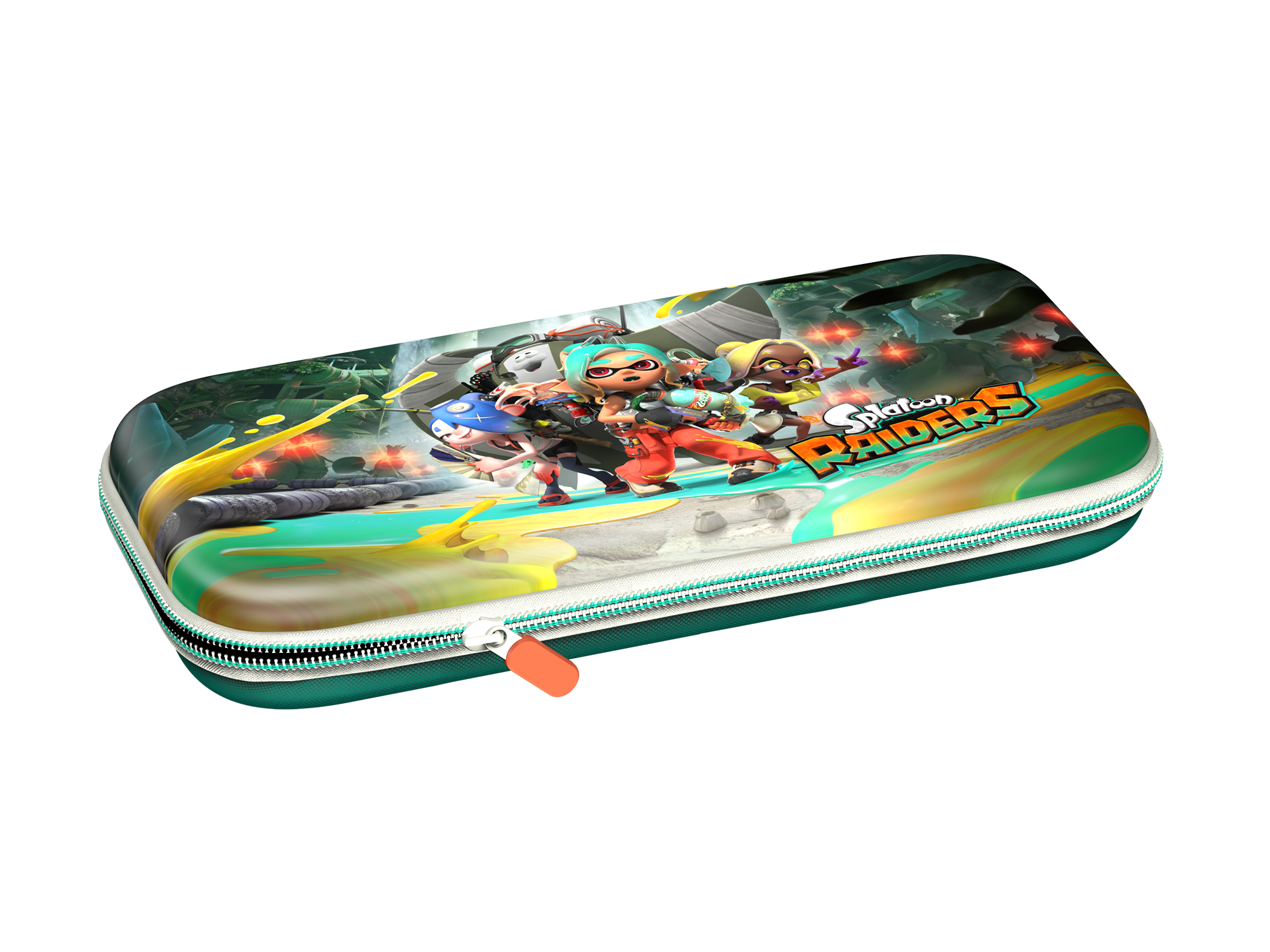 Eine Tasche mit Splatoon-Charakteren und dem Splatoon-Raiders-Logo vor einem dunklen Hintergrund.