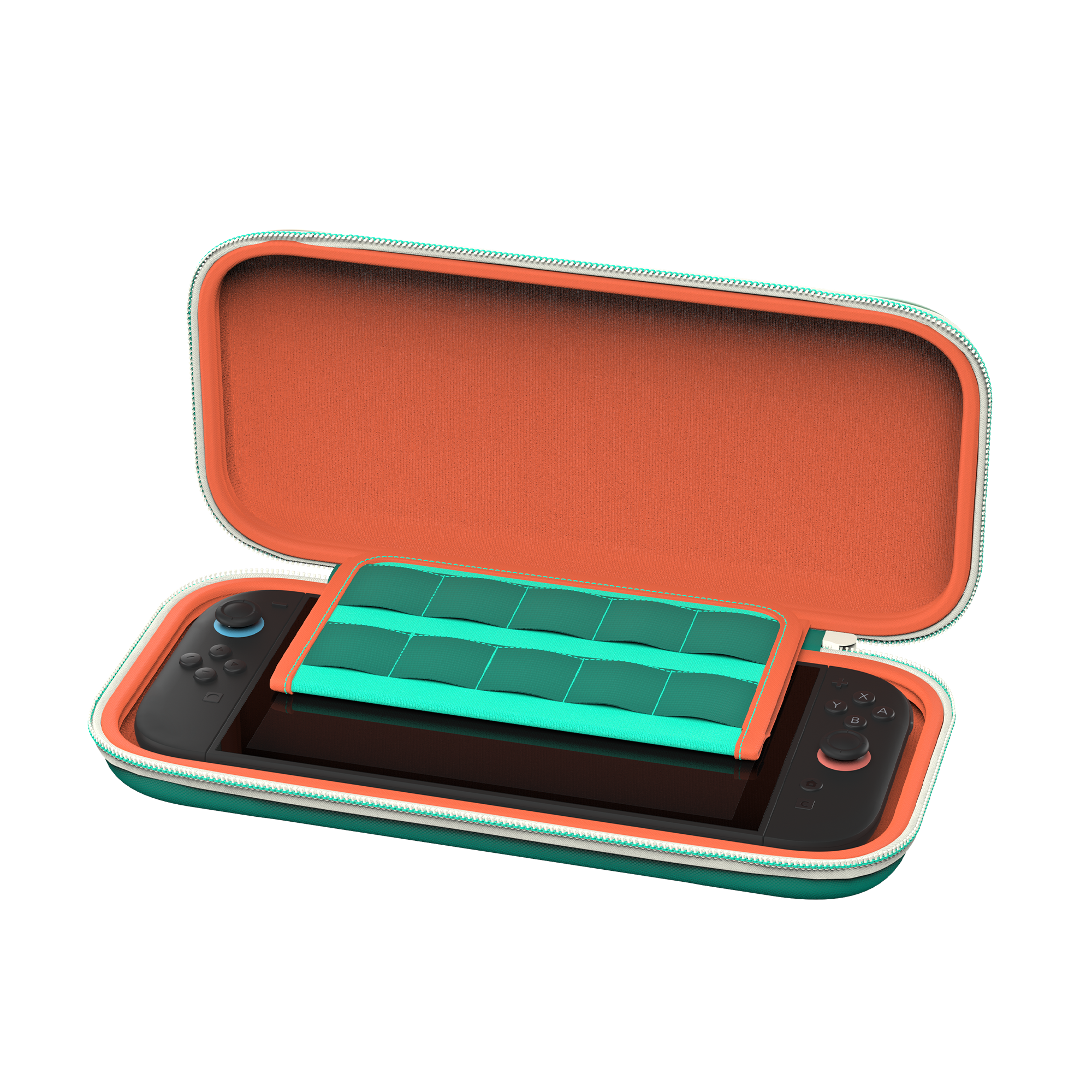 Ein offenes Gaming-Etui mit einem Handheld-Gerät und grünen Haltebändern.