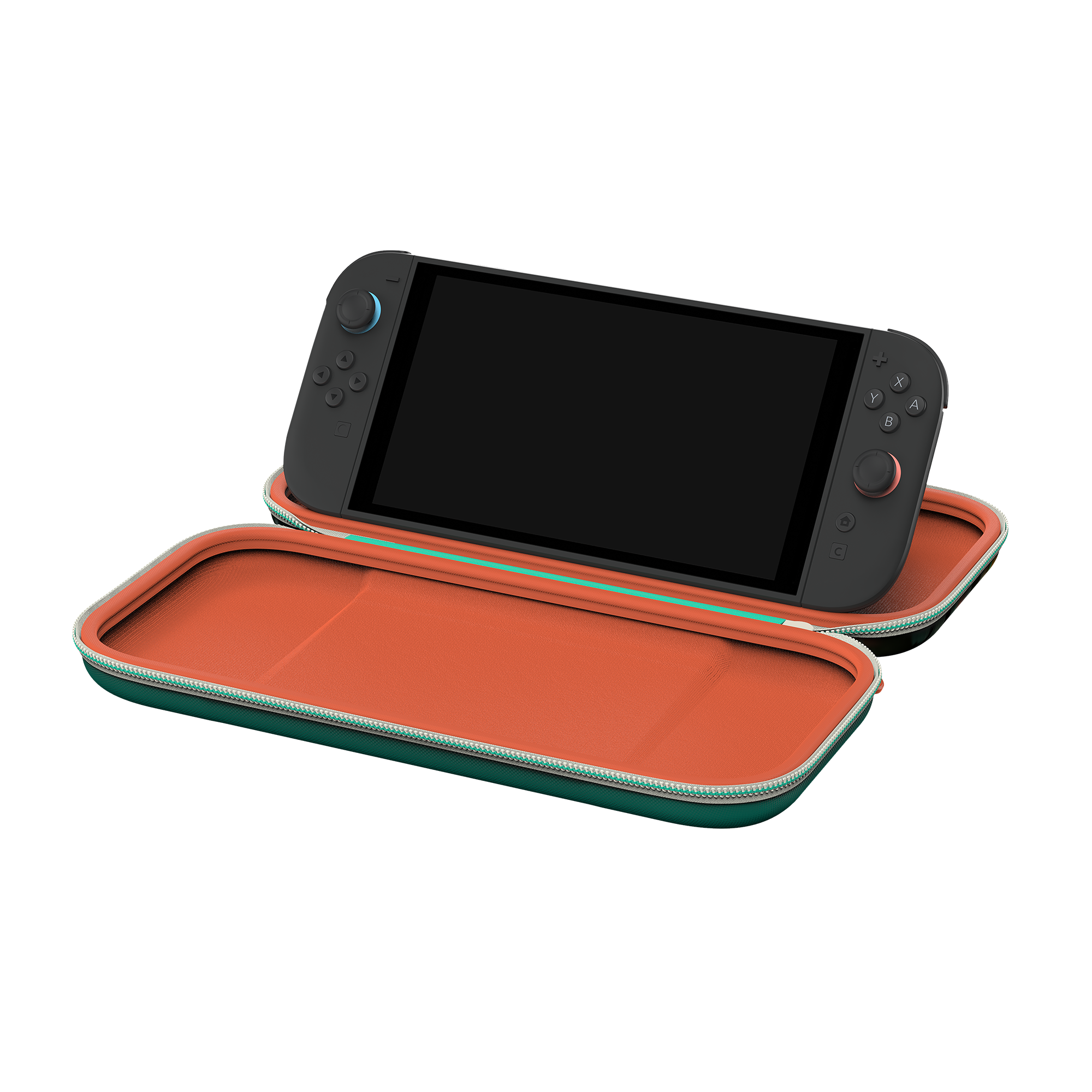 Schwarzer Handheld-Spielkonsole in einer offenen, smaragdgrünen Schutzhülle mit orangefarbenem Innenfutter.