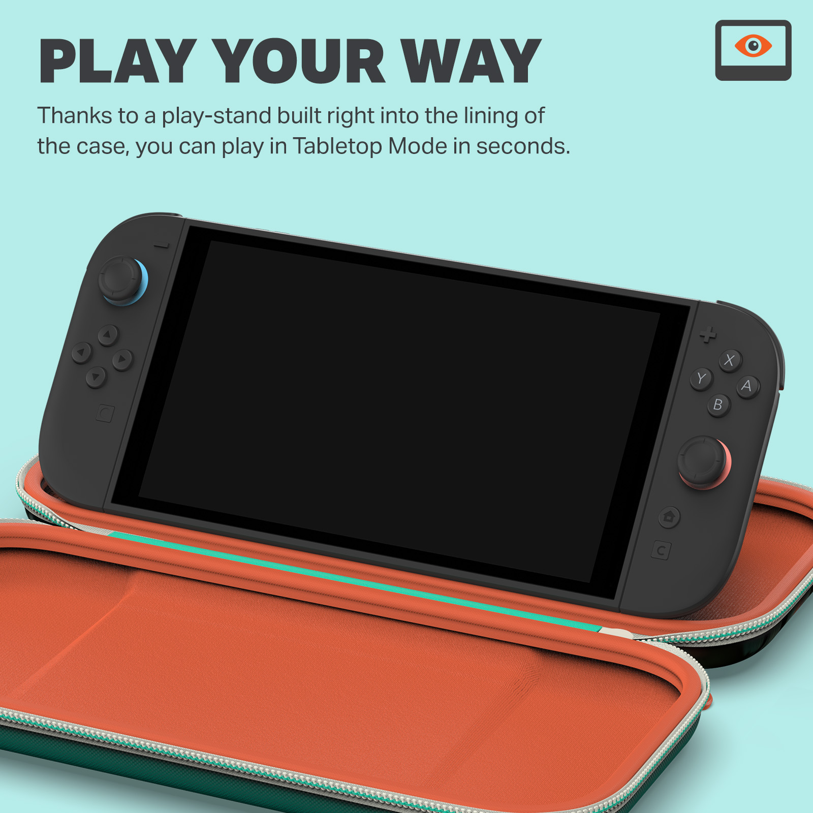 Graues Gaming-Handheld in einem offenen, orangefarbenen Etui mit Reißverschluss.