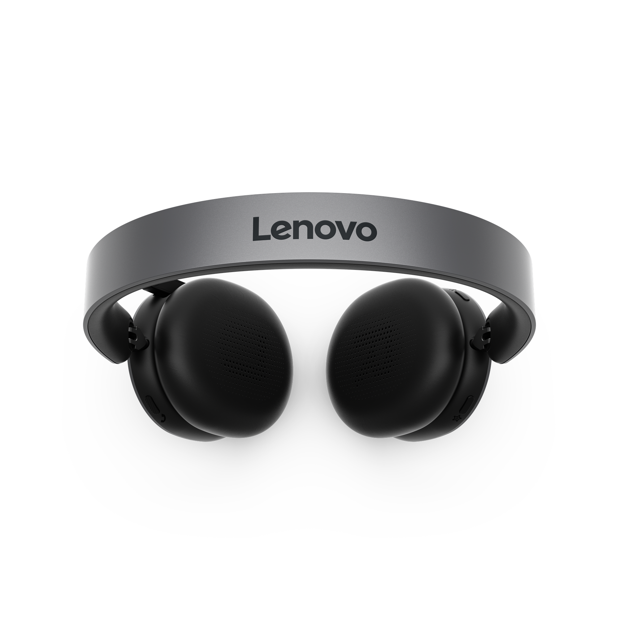 Auriculares Lenovo negros con diadema gris, sobre fondo negro.