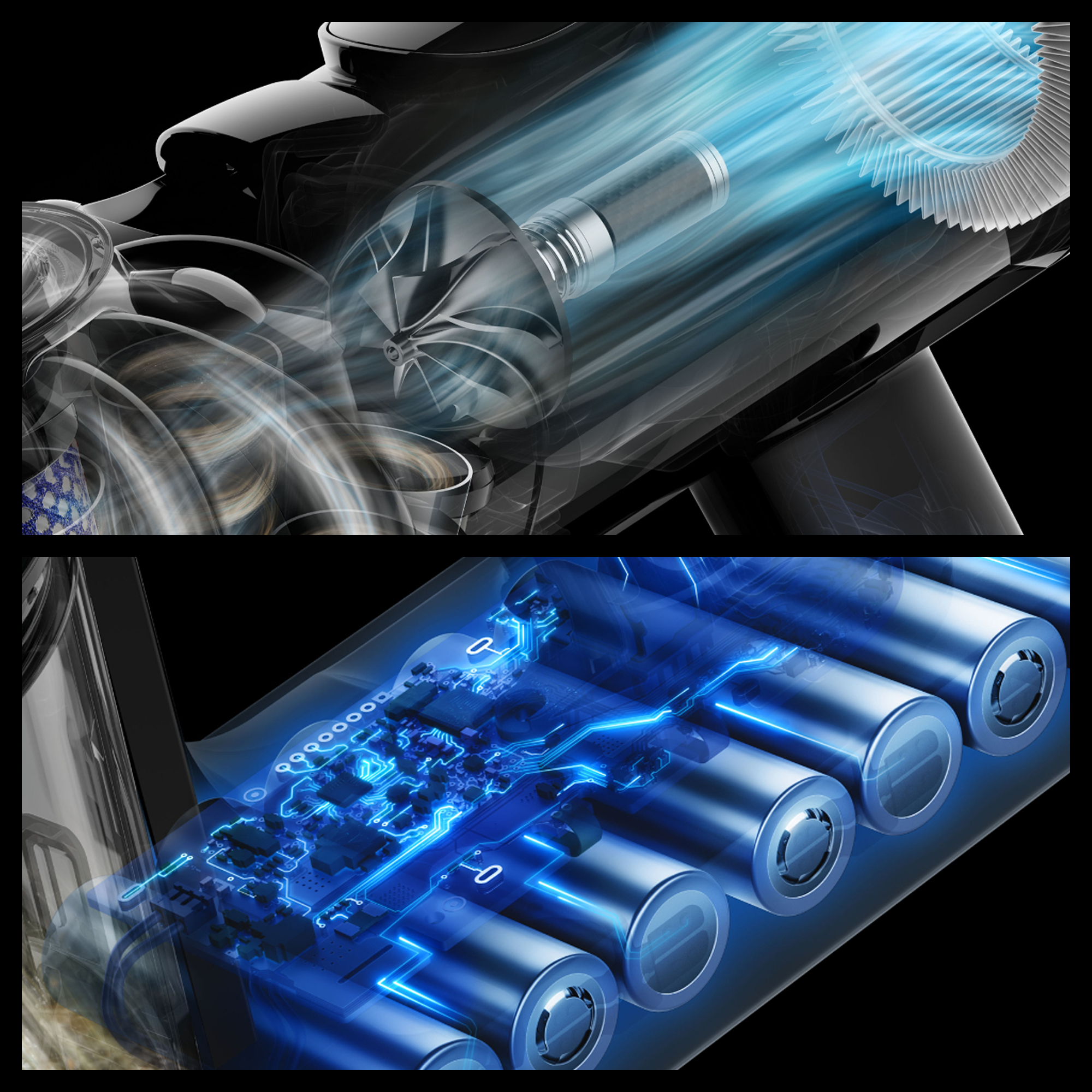 Primer plano del motor y la batería de la aspiradora con efectos de luz azul.