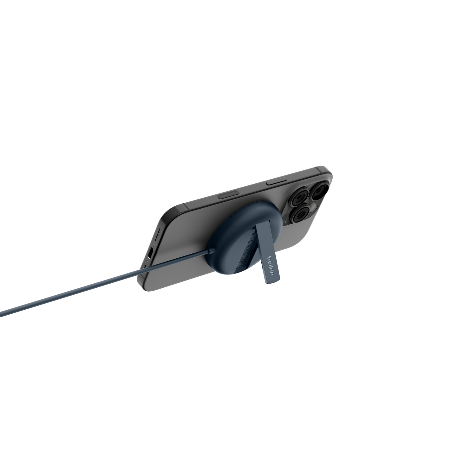 Un soporte oscuro para teléfono con cable, sujeto a un smartphone.