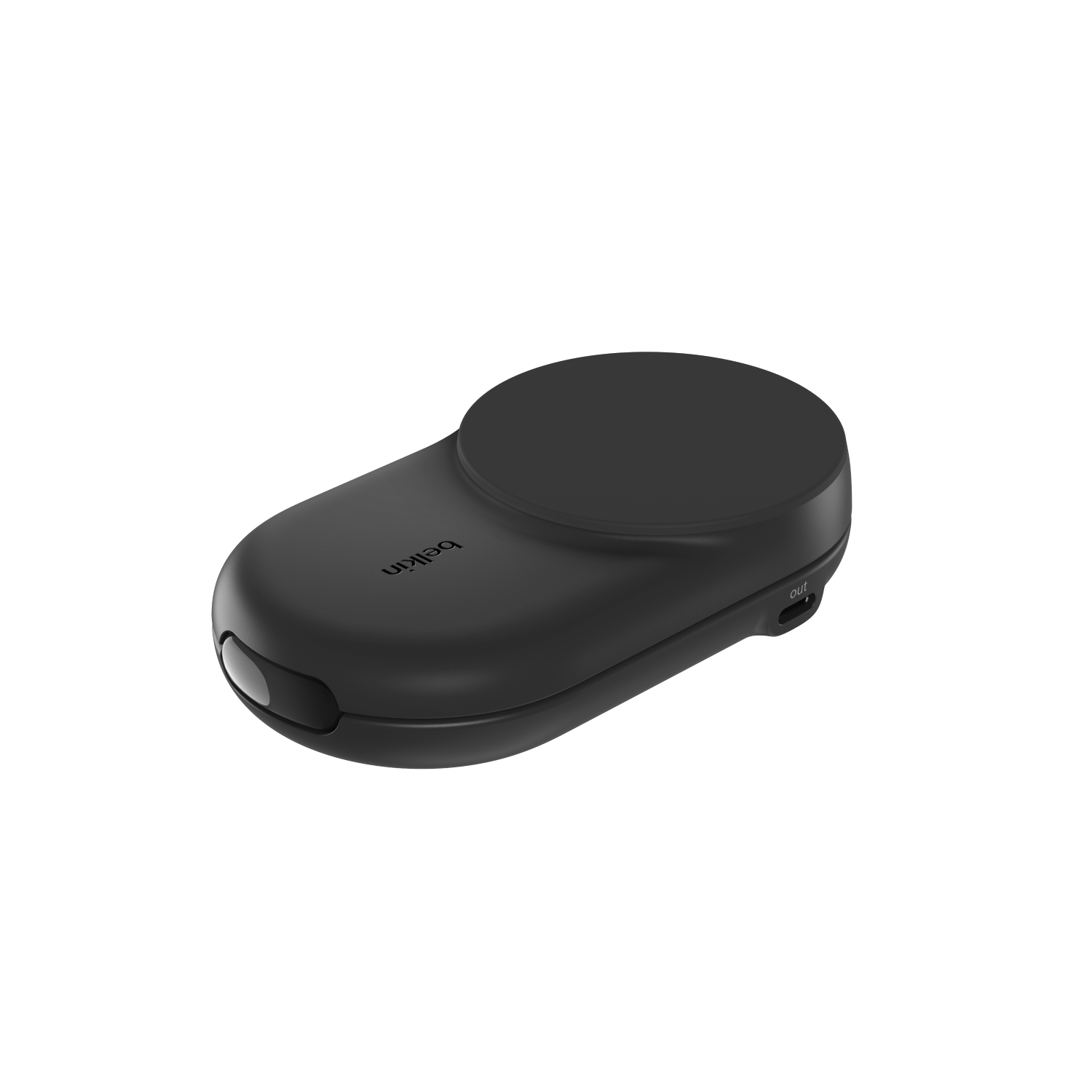 Cargador Belkin negro con puerto USB-C sobre fondo negro.