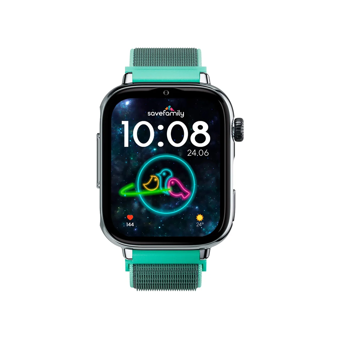 Un reloj inteligente verde con fondo espacial, muestra las 10:08.