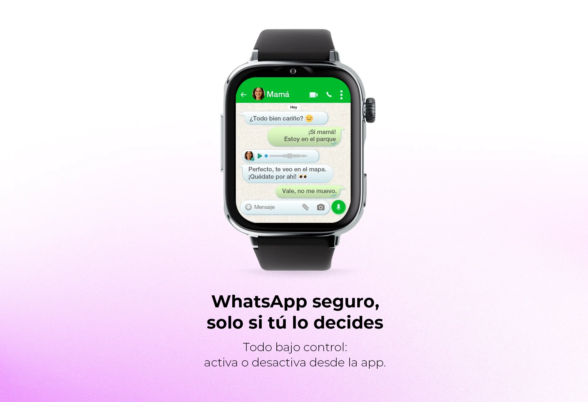 Un smartwatch muestra un chat de WhatsApp con 