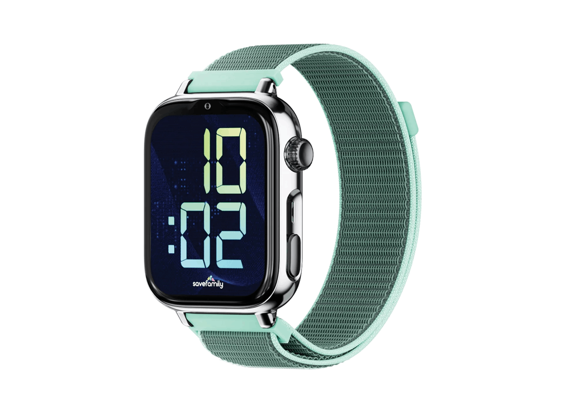 Un reloj inteligente verde menta con carcasa plateada, muestra la hora digital.