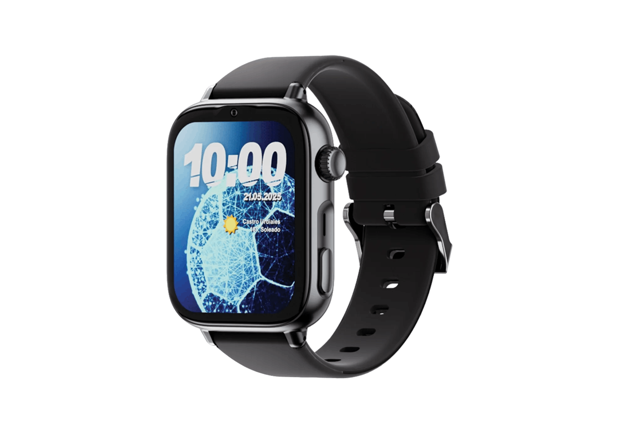 Un reloj inteligente negro con pantalla digital que muestra hora, fecha y clima.