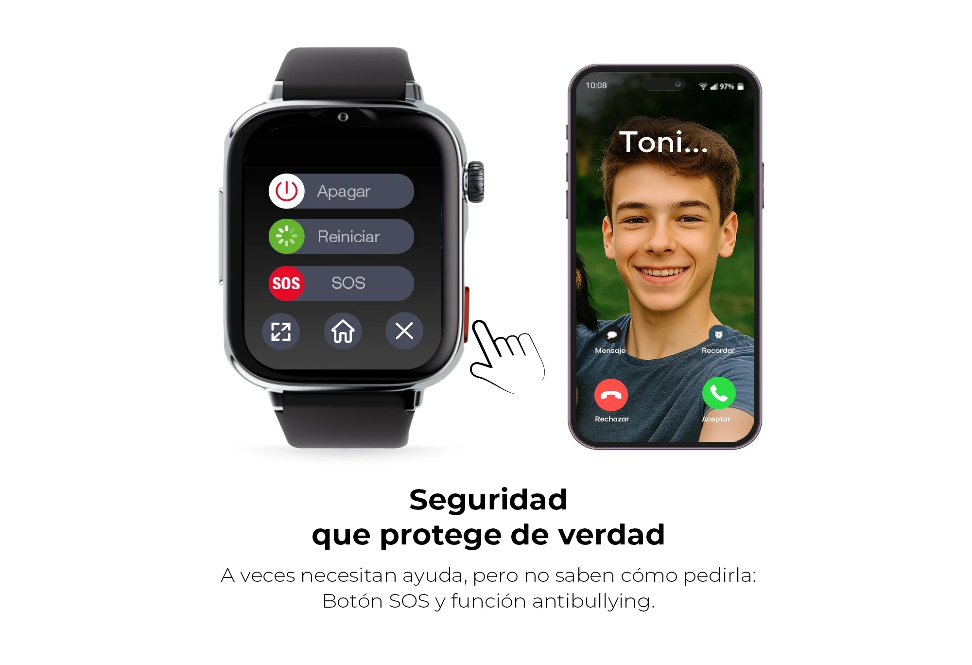 Smartwatch con opción SOS y videollamada entrante en un smartphone.