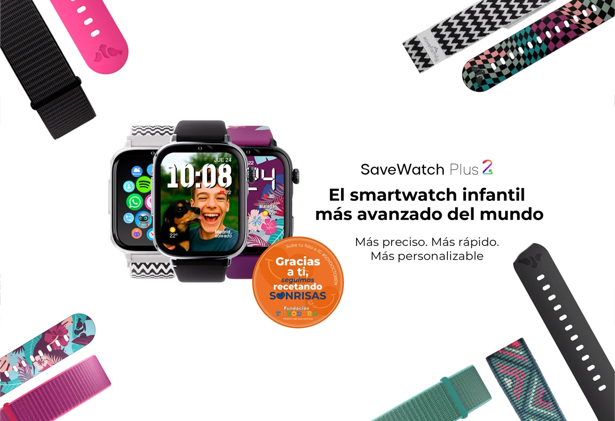 Múltiples relojes inteligentes con correas coloridas y anuncios de texto.