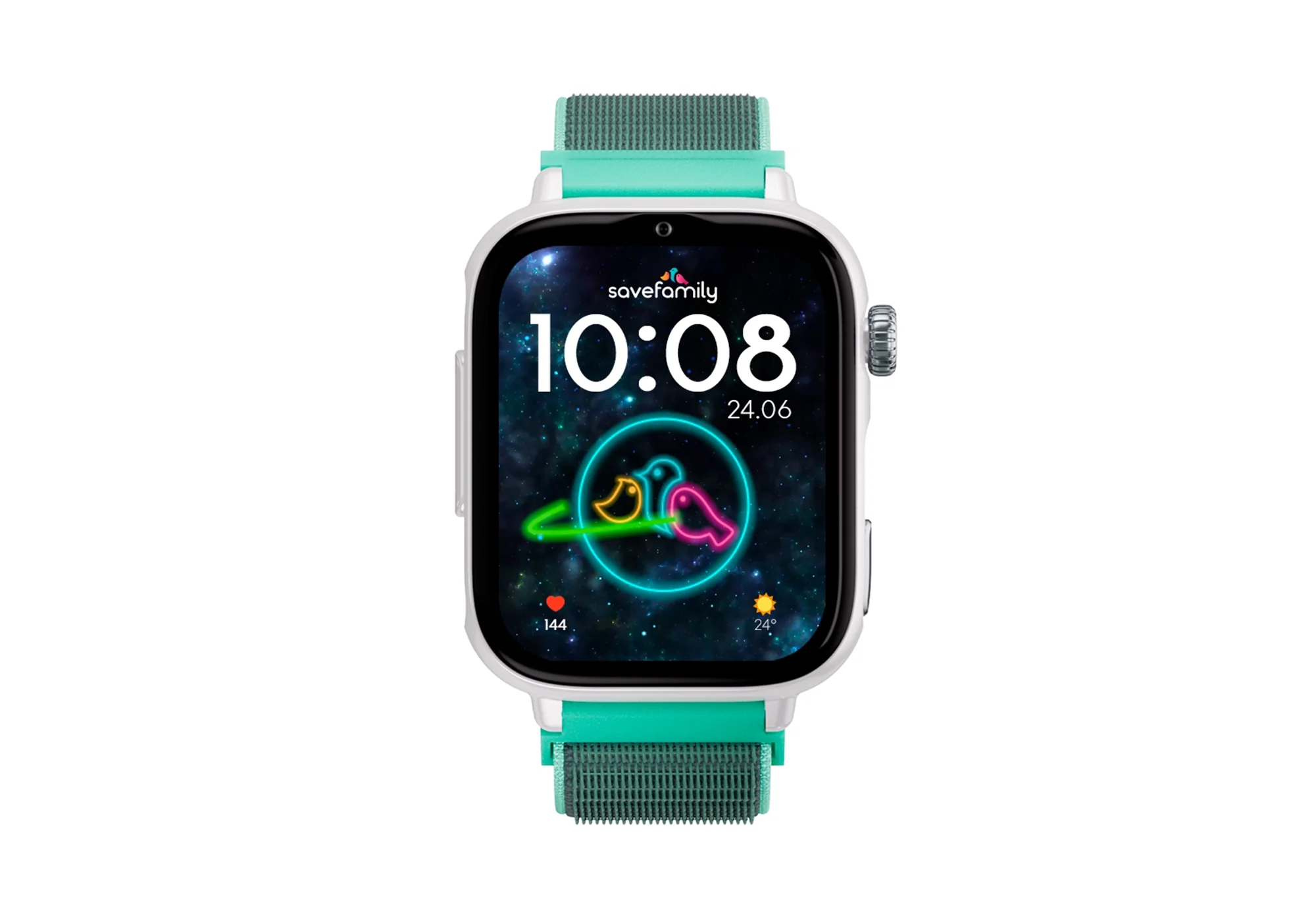 Un reloj inteligente blanco con correa turquesa muestra las 10:08 y un fondo estrellado.