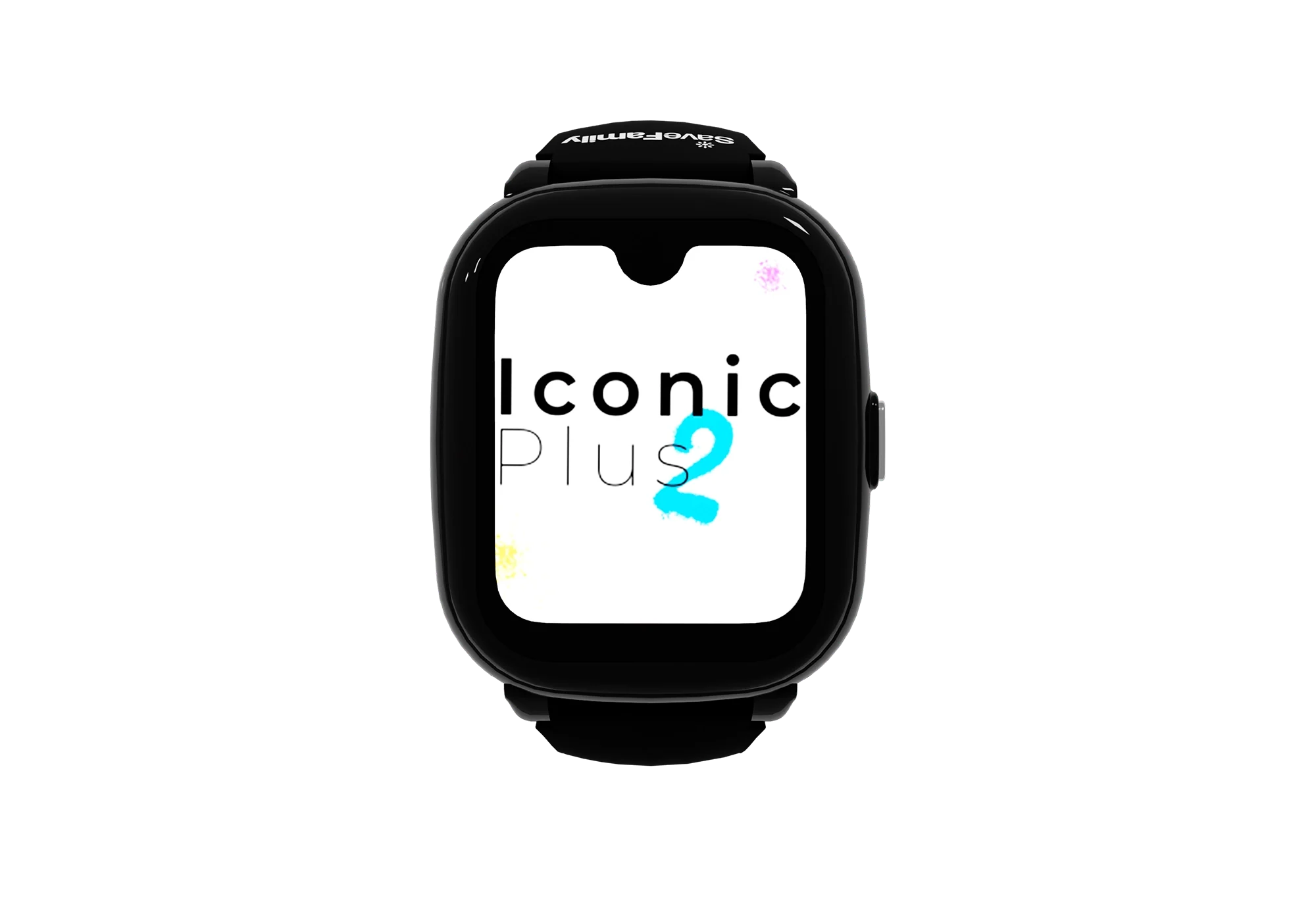 Reloj inteligente negro que muestra 'Iconic Plus 2' en pantalla blanca.