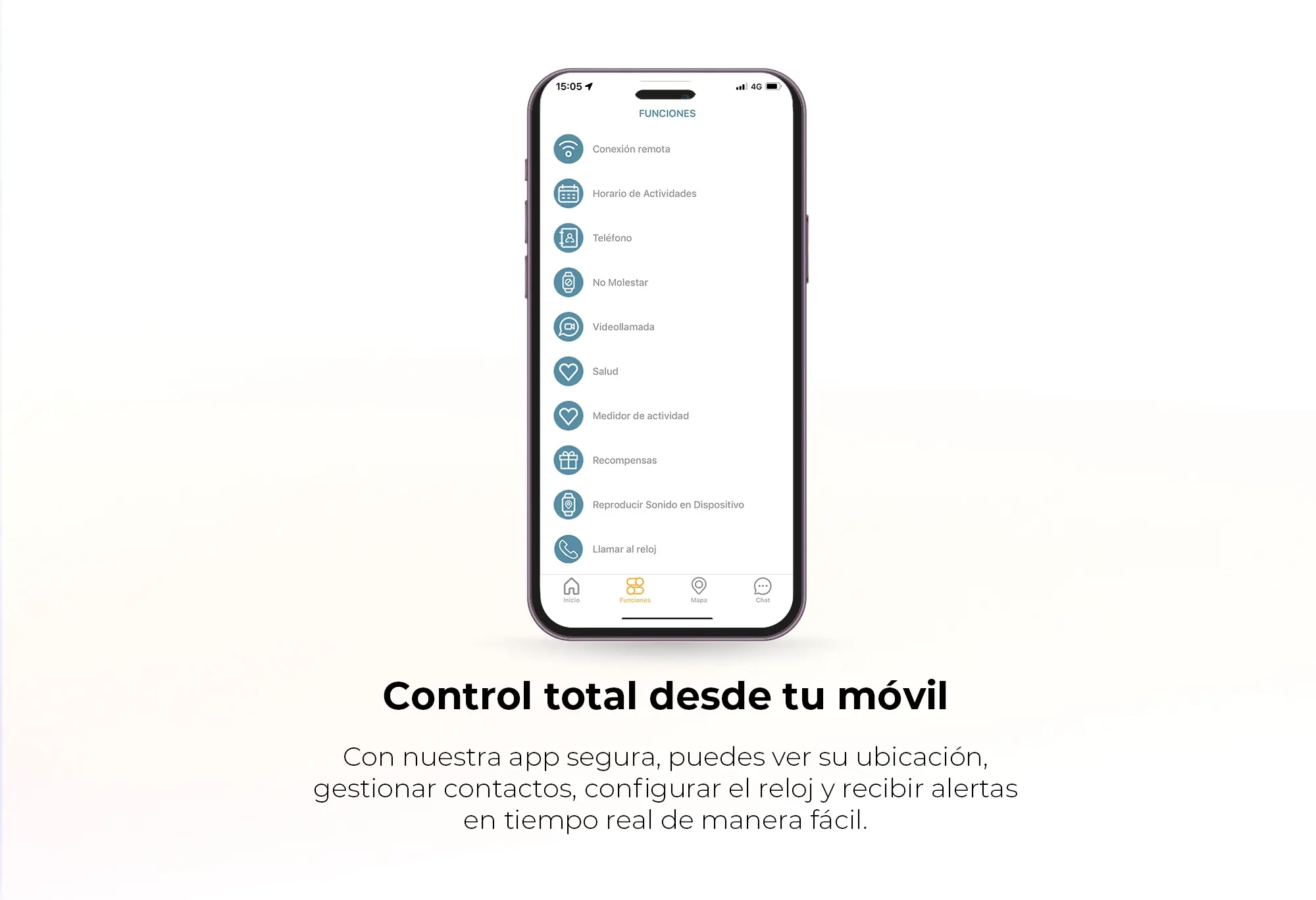 Un smartphone muestra una interfaz de app con funciones como conexión remota, teléfono, videollamada y salud.