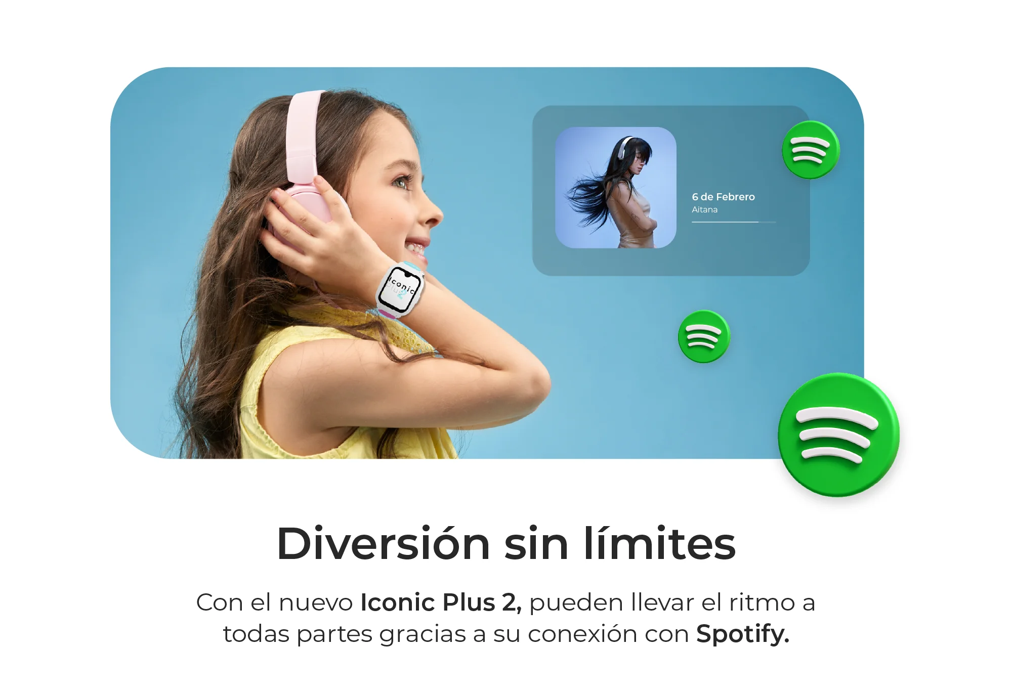 Niña con auriculares escucha música, logo de Spotify al frente.