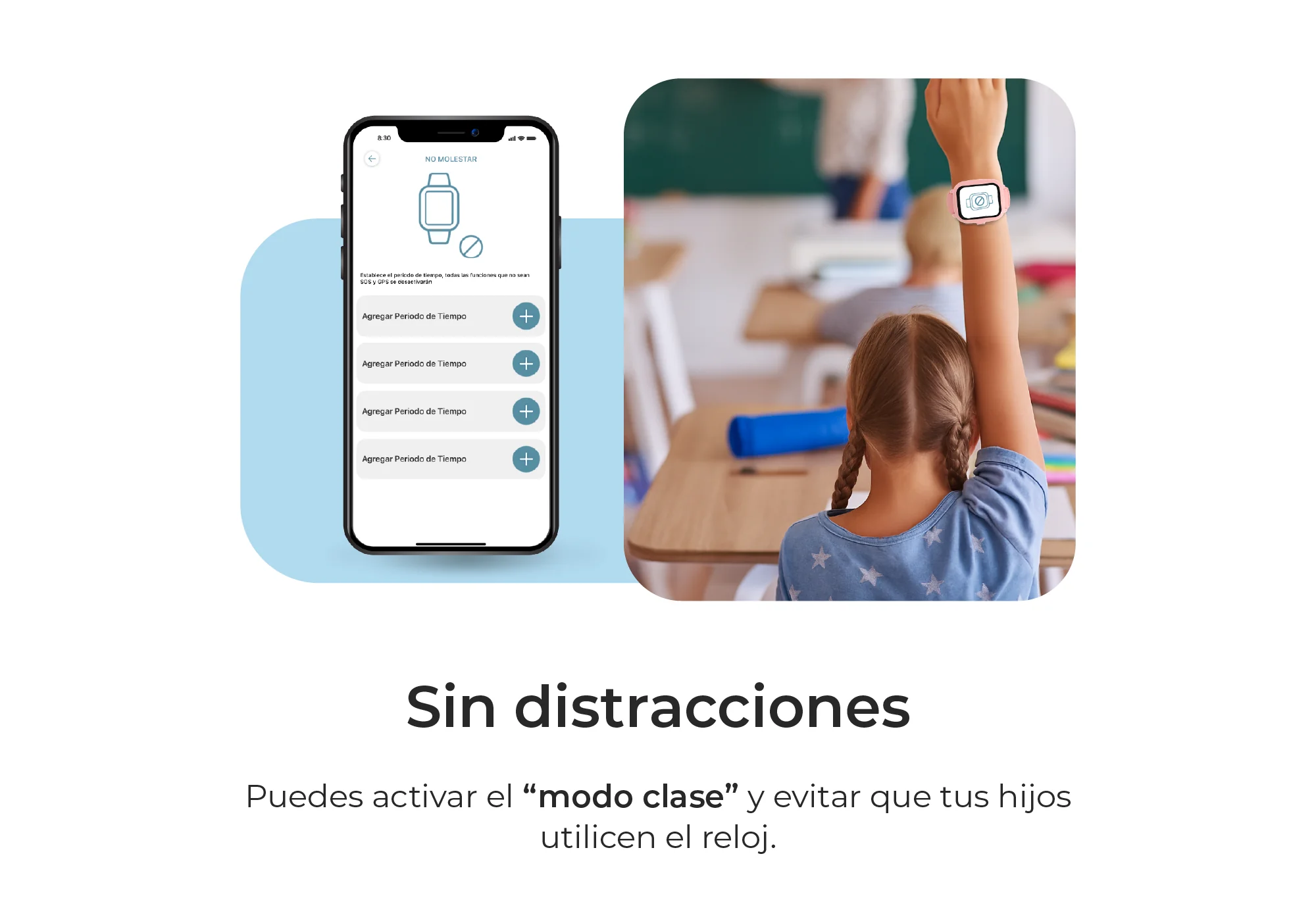 Captura de pantalla de app de reloj con modo clase y niño en aula.