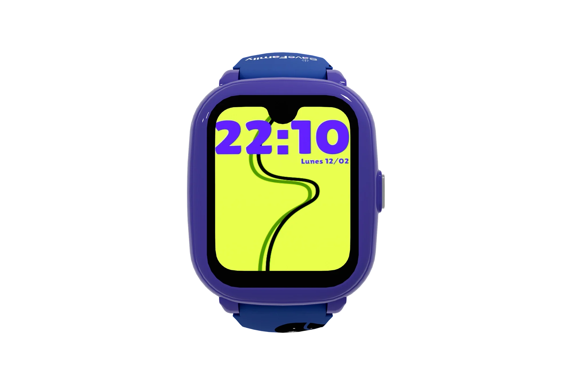 Reloj inteligente morado con esfera amarilla, hora 22:10.