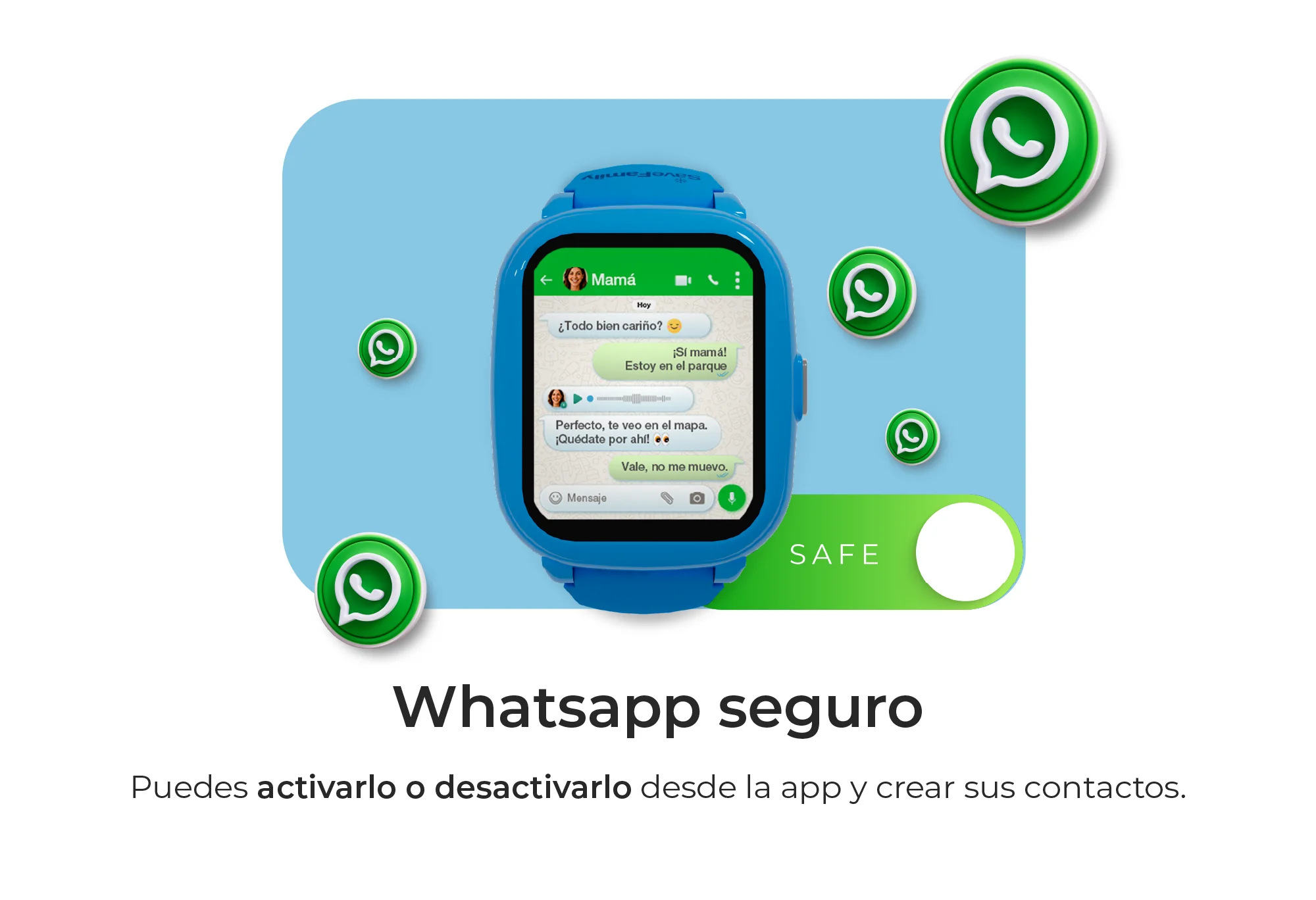 Reloj inteligente azul muestra chat de WhatsApp con mamá. Iconos de WhatsApp rodean.