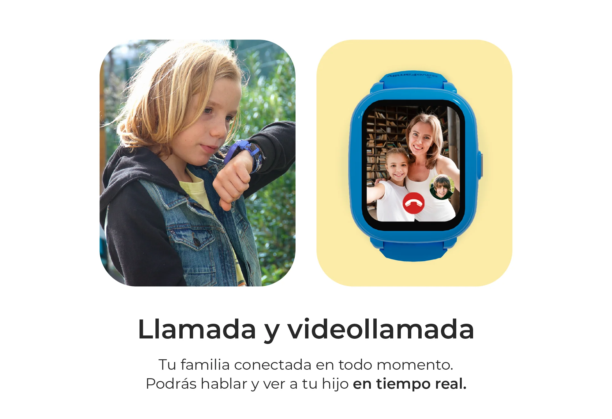 Un niño mira su reloj inteligente que muestra una videollamada.