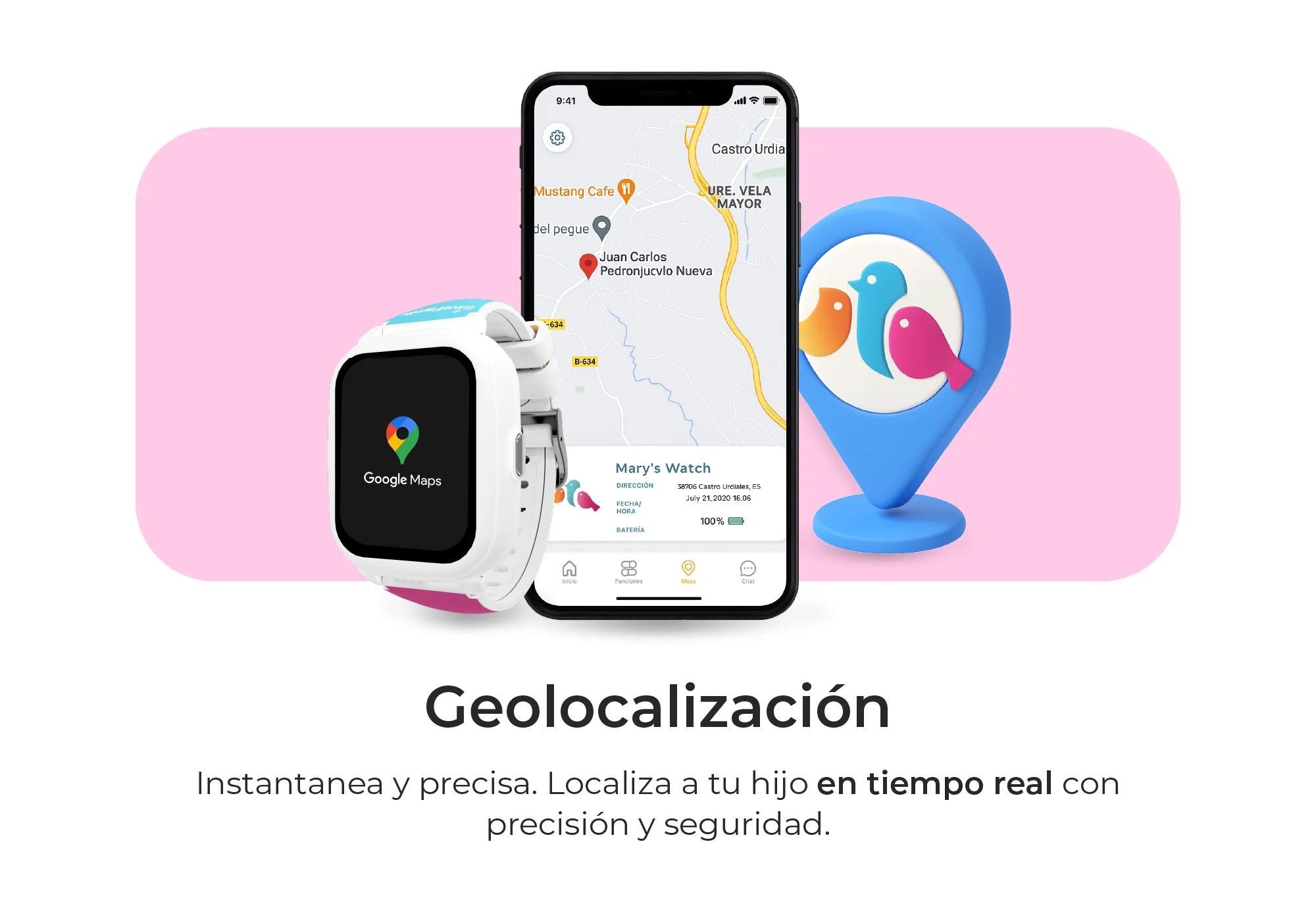 Un reloj infantil muestra Google Maps, junto a un smartphone con mapa y un pin de ubicación.
